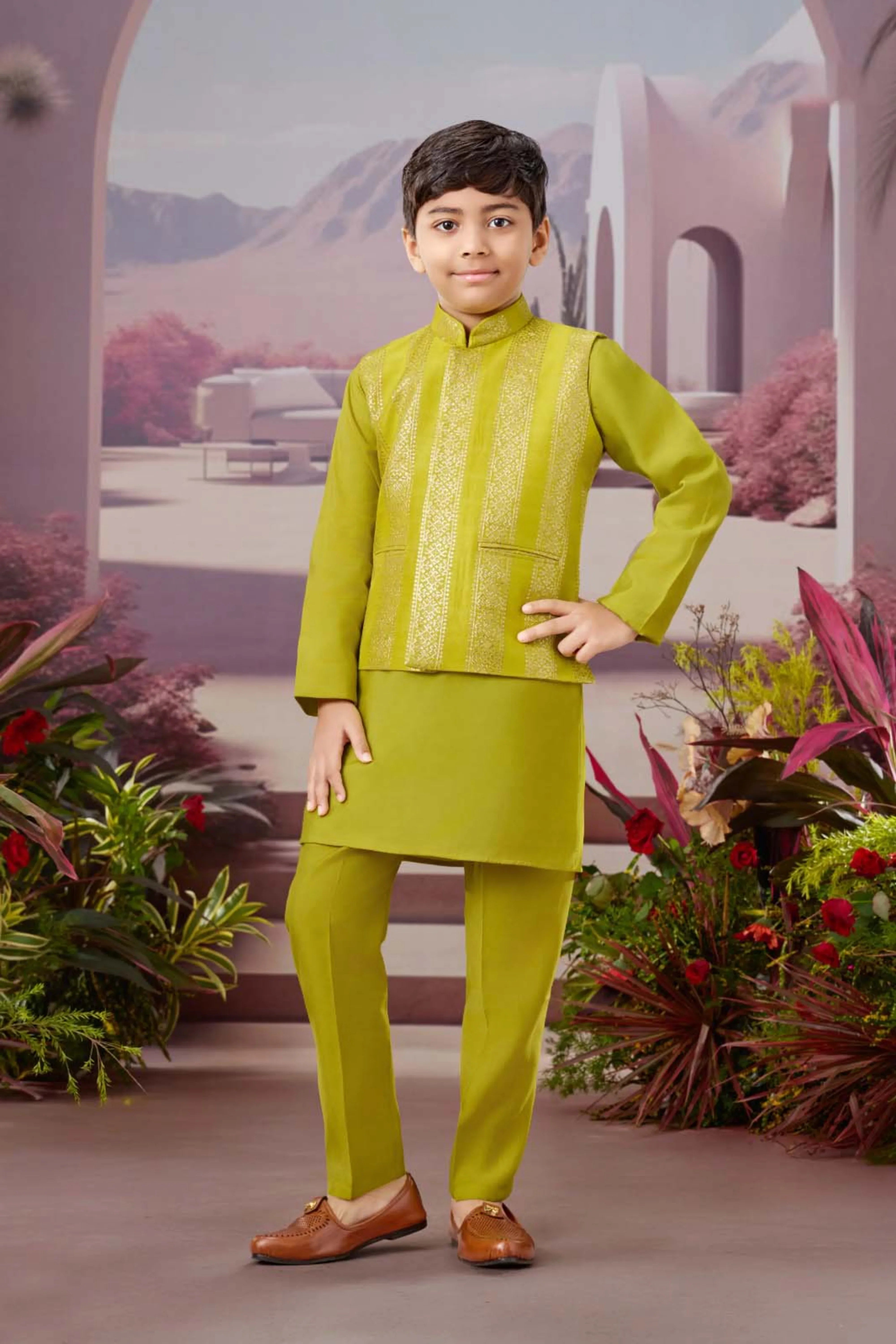 Olive Green Boys Indo-western Set with Brocade Pattern Jacket | Mokshaa