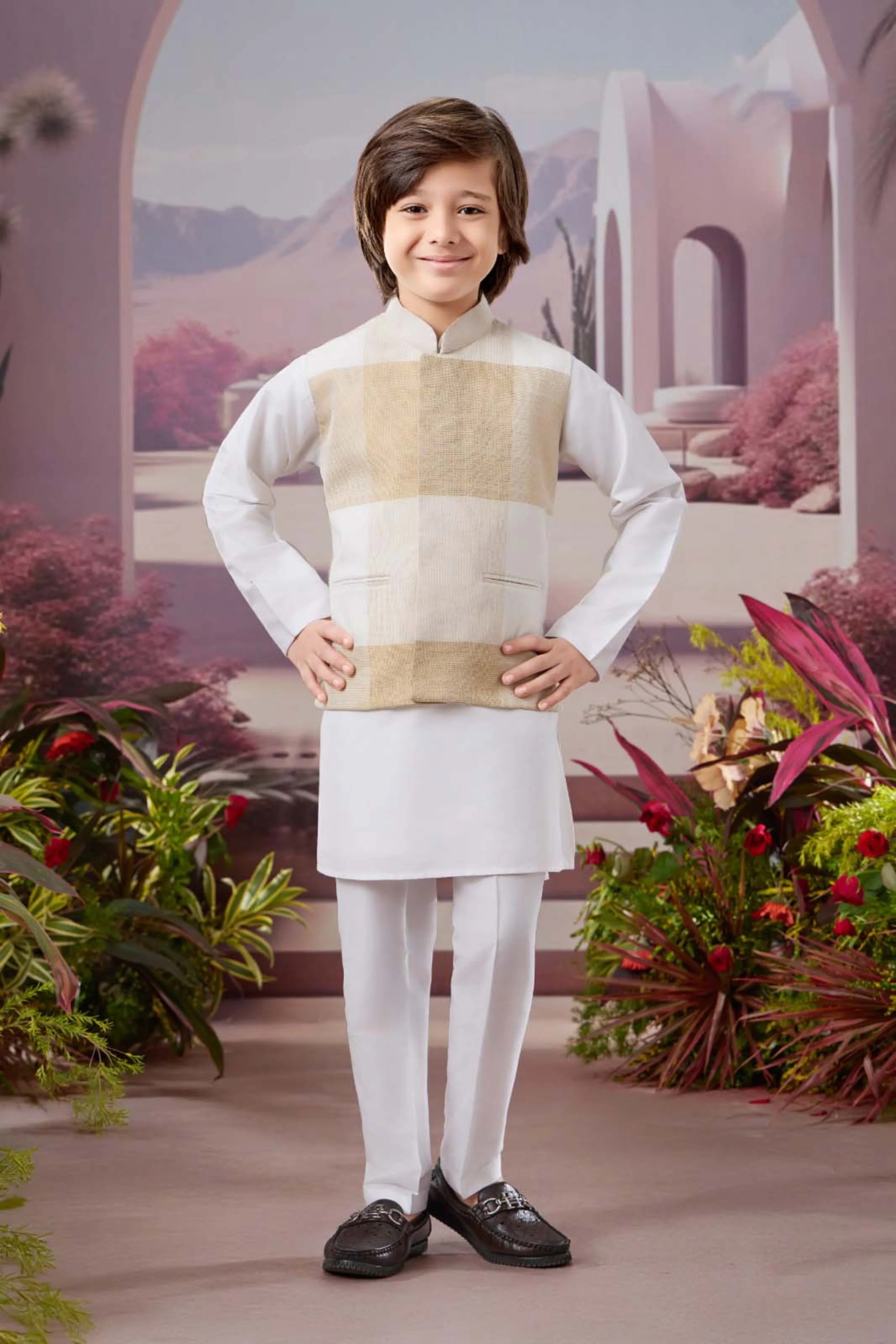White Boys Kurta Pajama Set with Beige Checked Bandi | Mokshaa