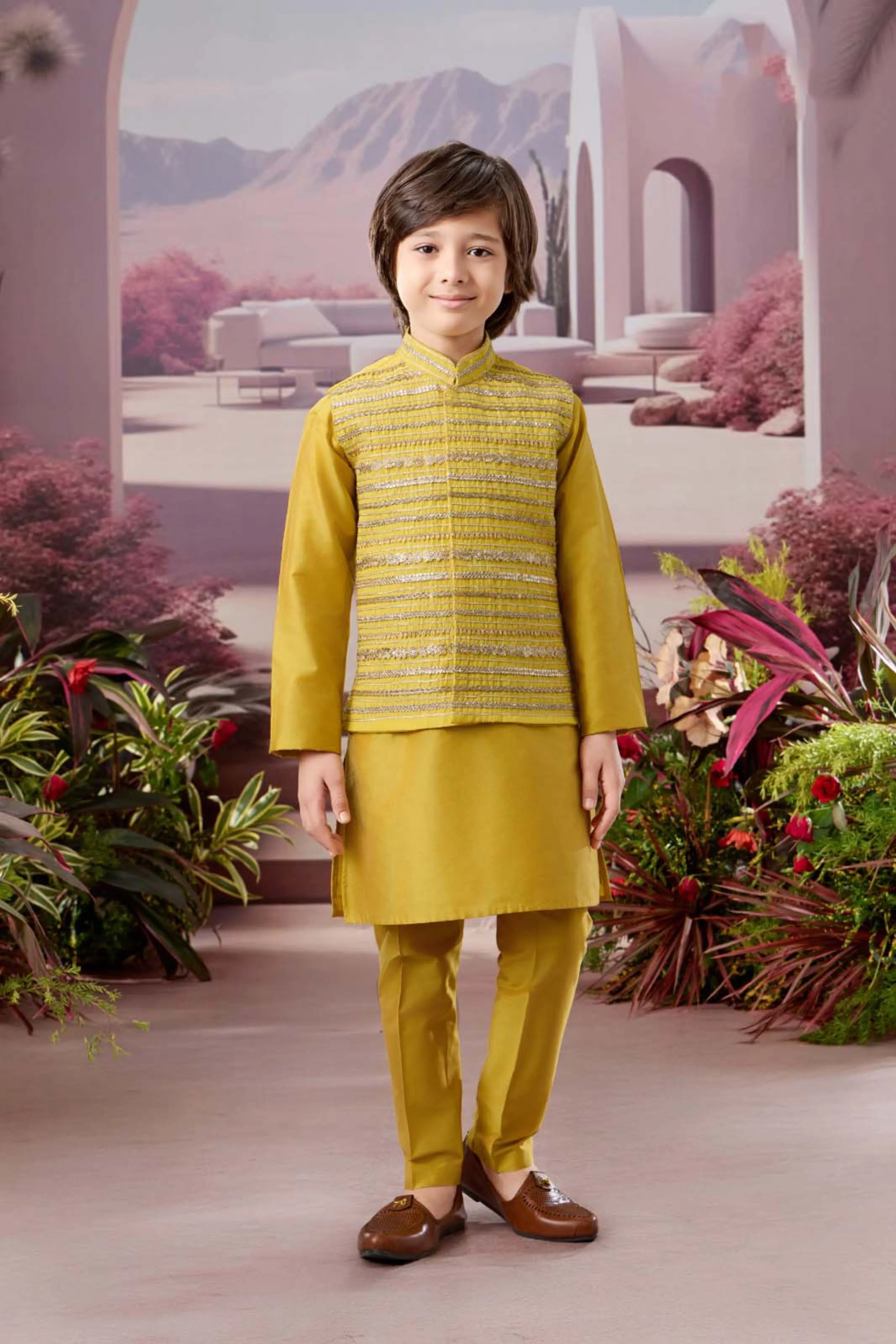 Mustard Yellow Boys Kurta Pajama Set with Embroidered Bandi | Mokshaa