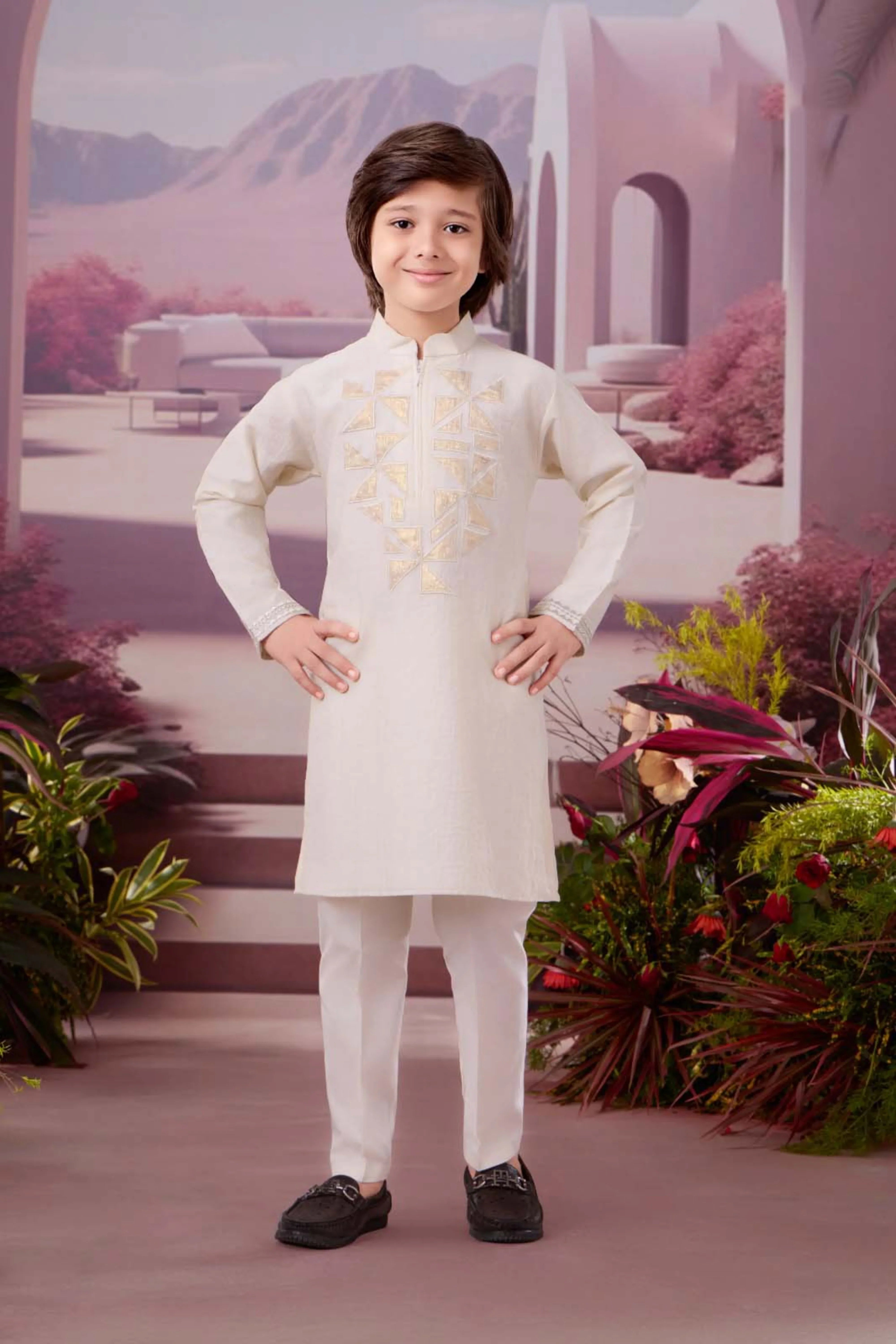 Ivory Boys Kurta Set with Gold Geometric Embroidery | Mokshaa