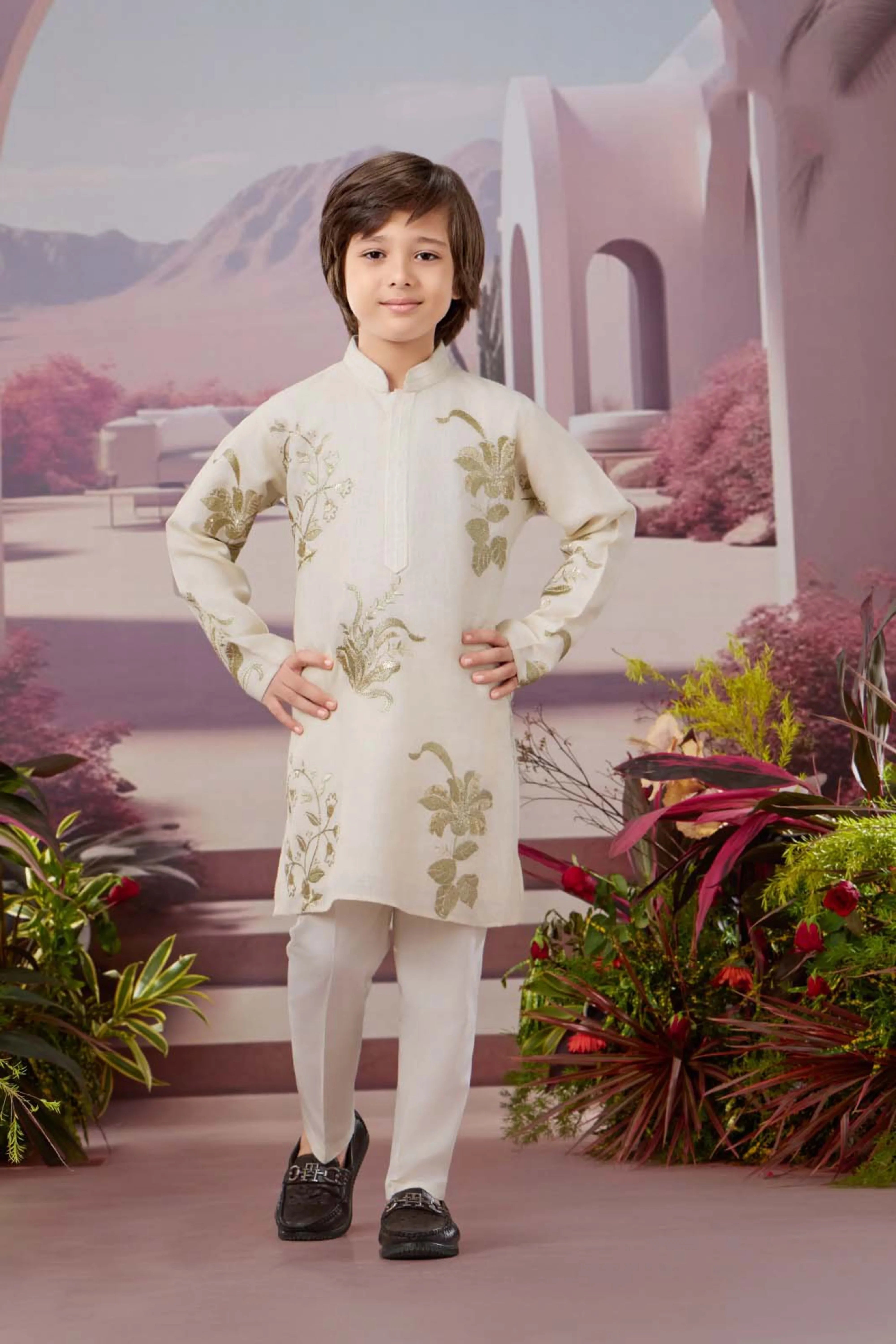 Cream Boys Kurta Pajama Set with Golden Floral Embroidery | Mokshaa