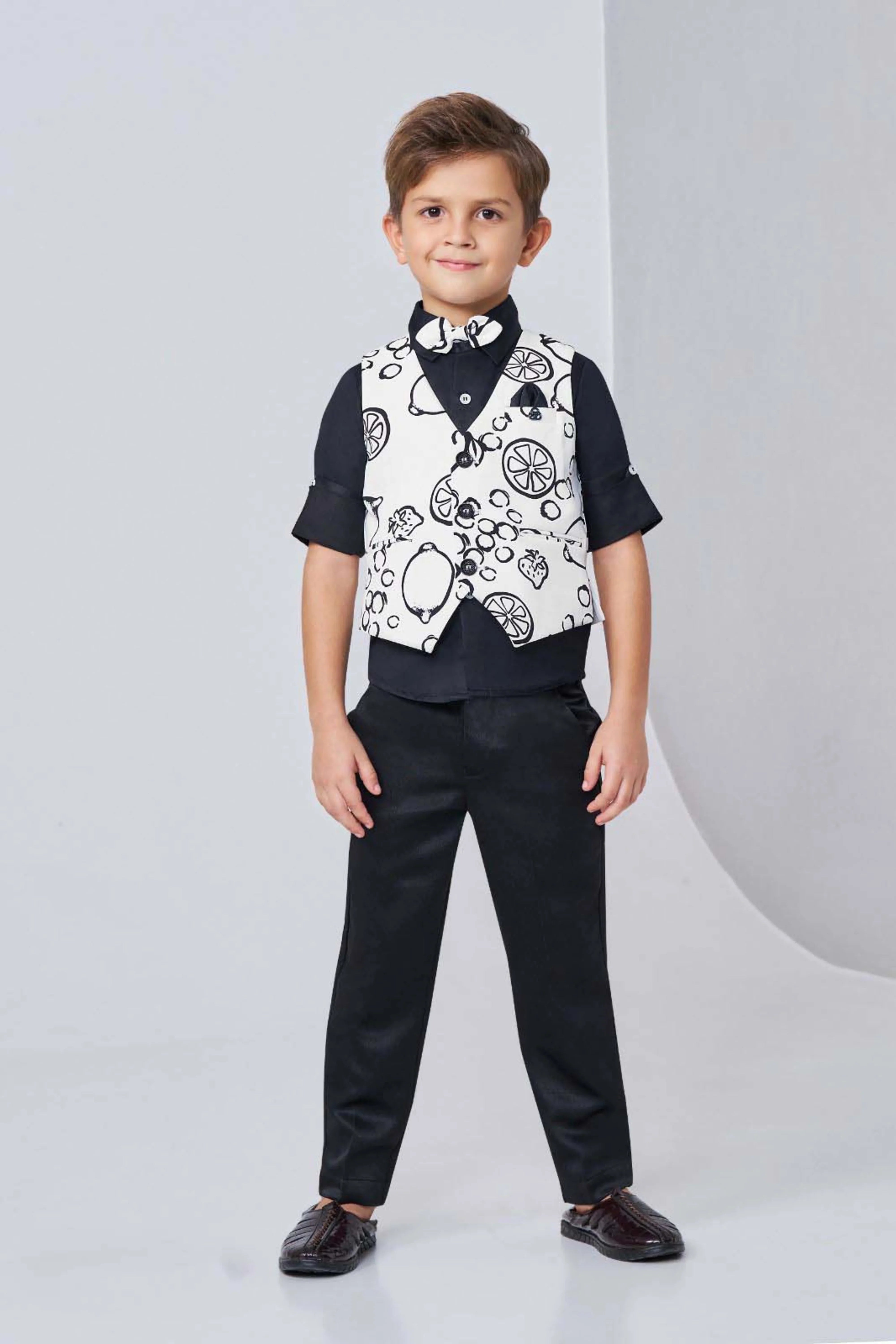 Black Boys Printed Bandi Shirt Set | Mokshaa