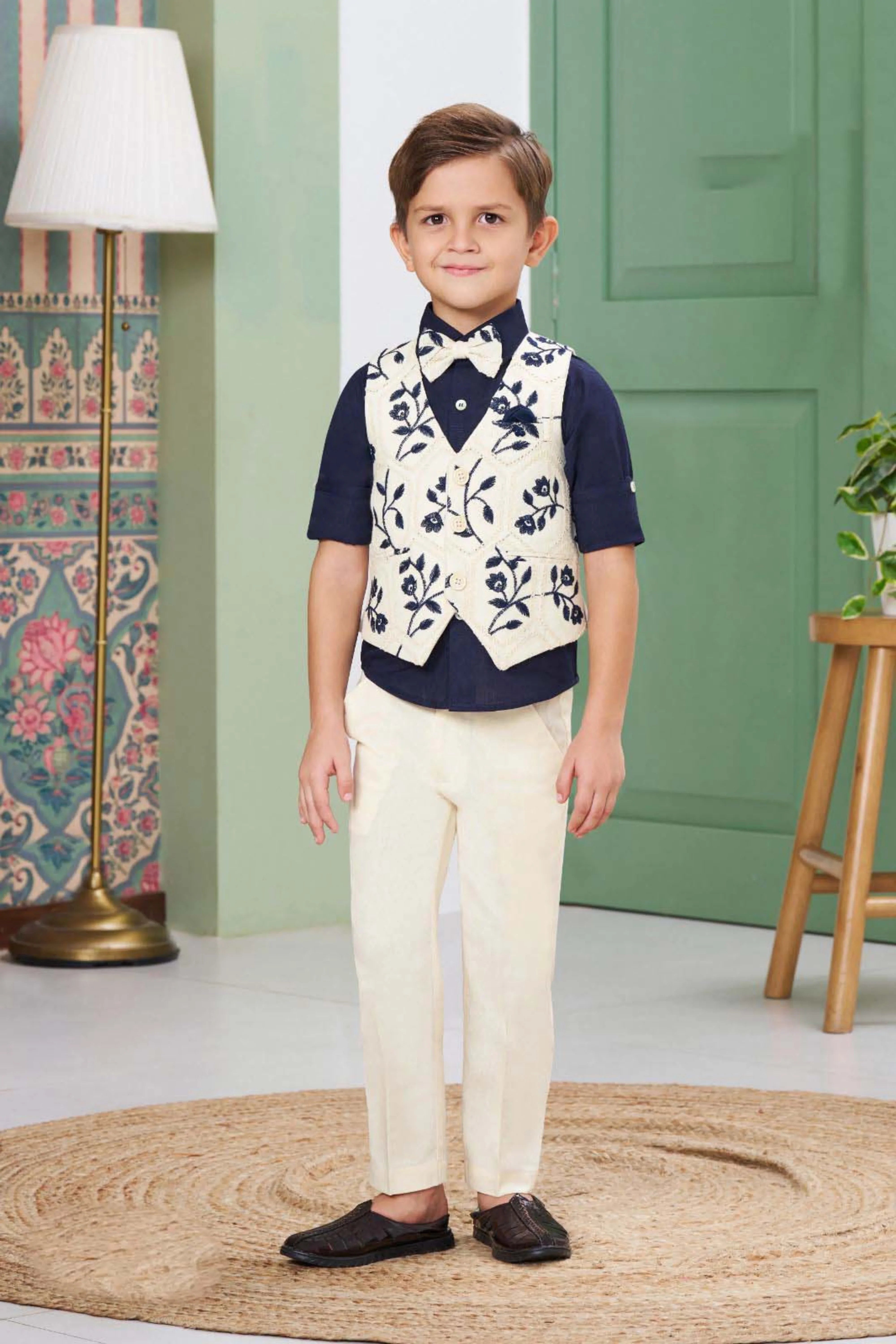 Cream & Navy Boys Bandi Shirt Set | Mokshaa