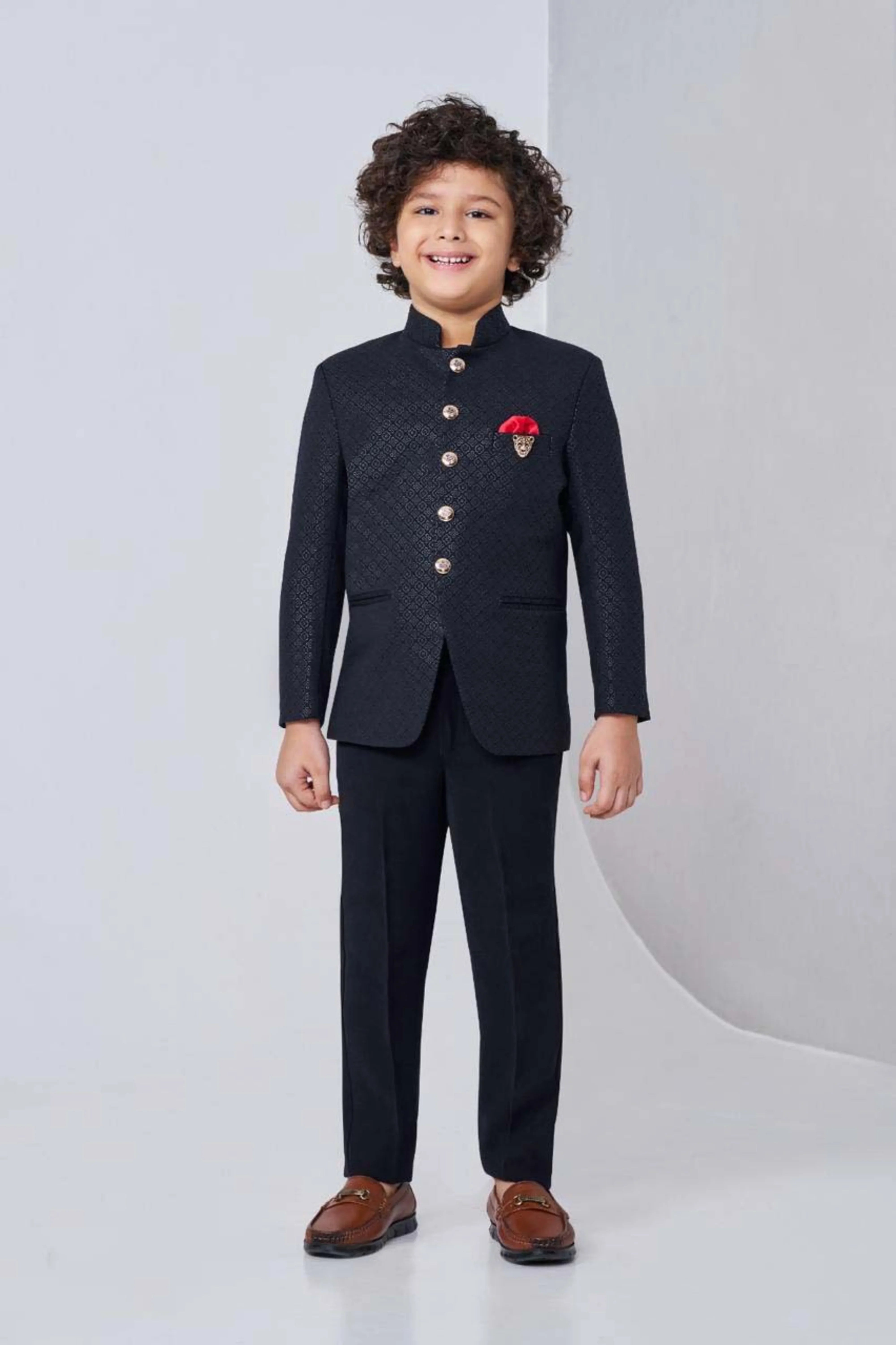 Navy Blue Boys Jodhpuri Suit with Textured Detailing | Mokshaa