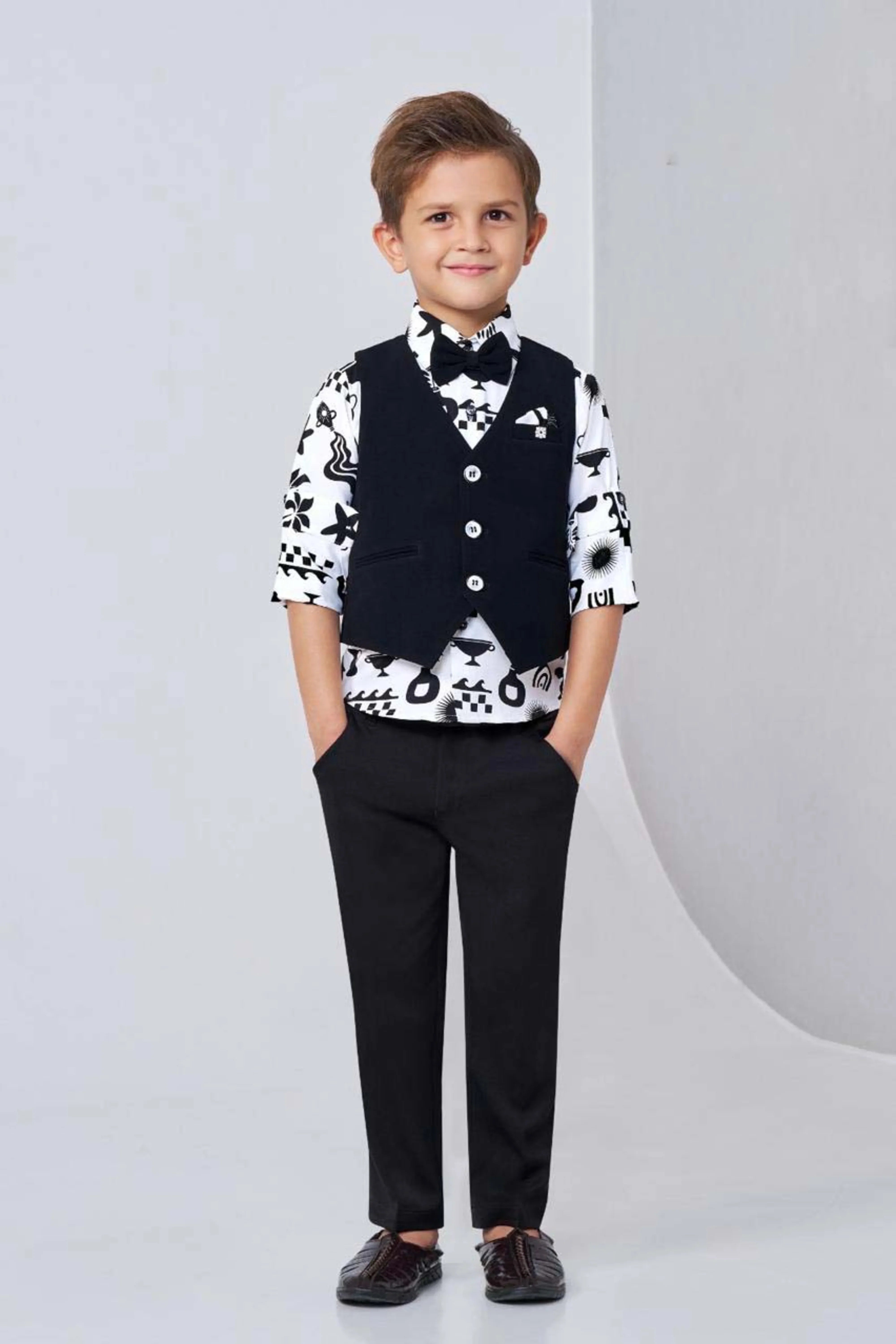 Black & White Boys Bandi Shirt Set with Bow Tie | Mokshaa