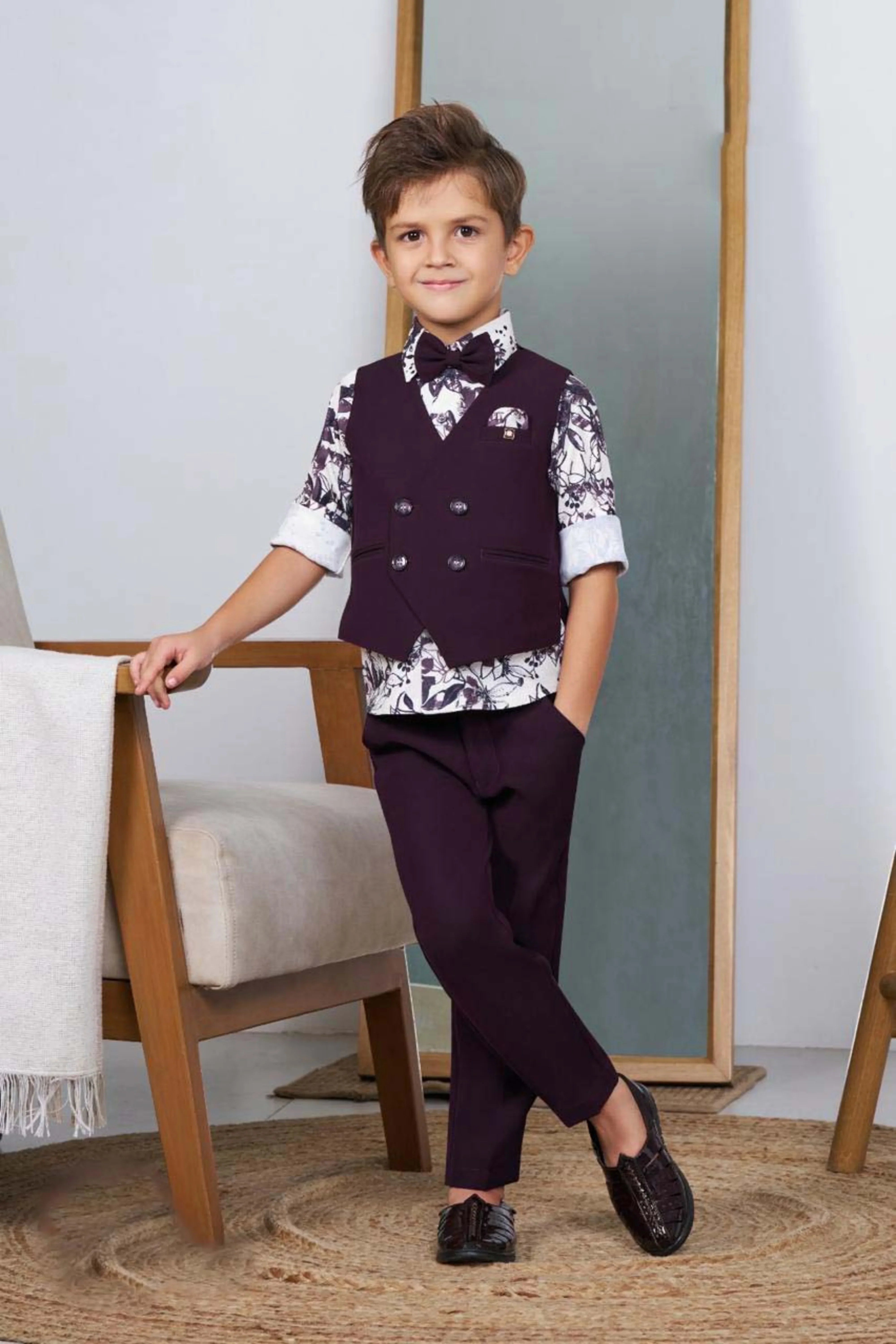 Wine Boys Printed Bandi Shirt Set | Mokshaa