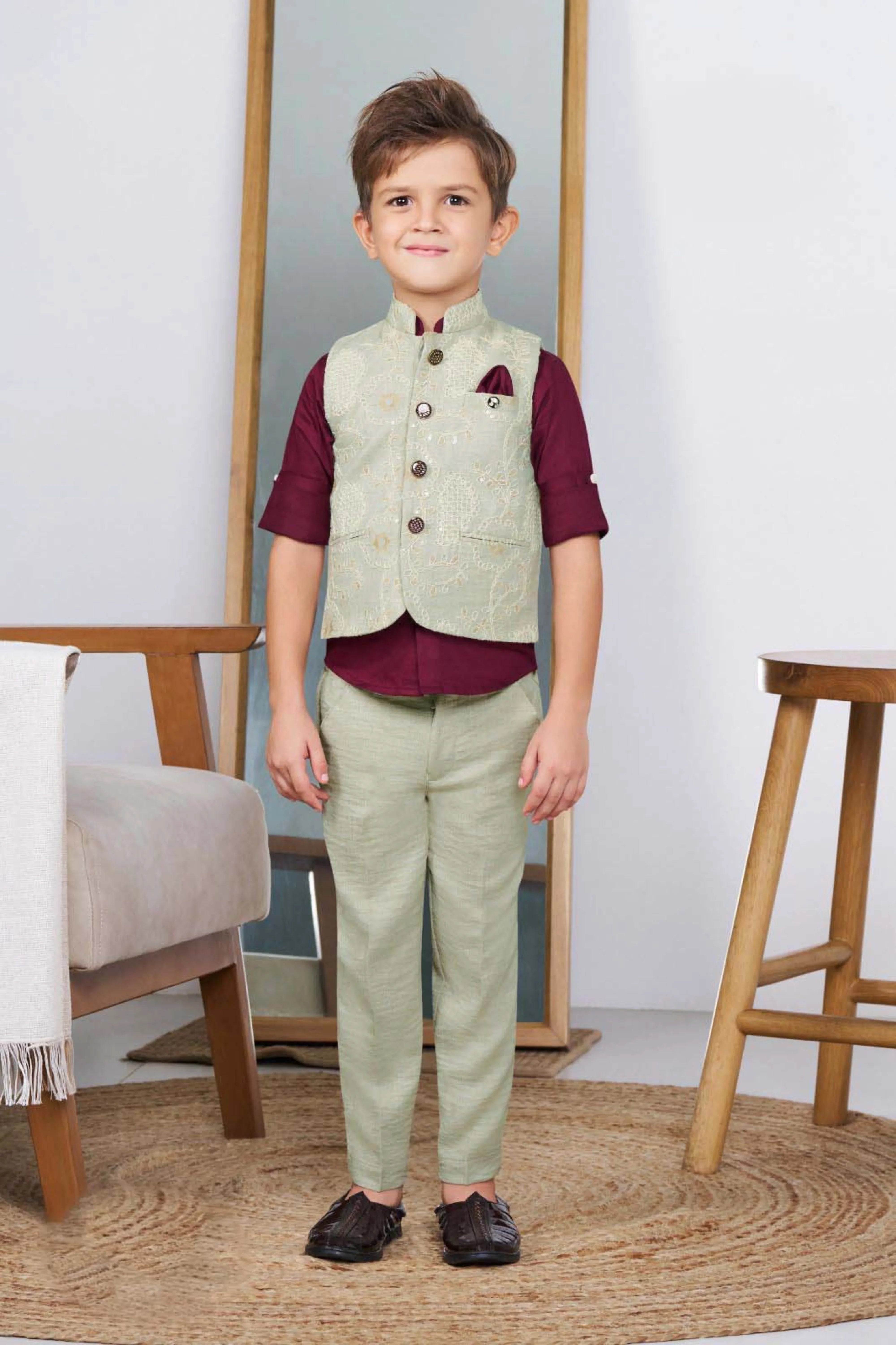 Light Cream Boys Bandi Shirt Set | Mokshaa