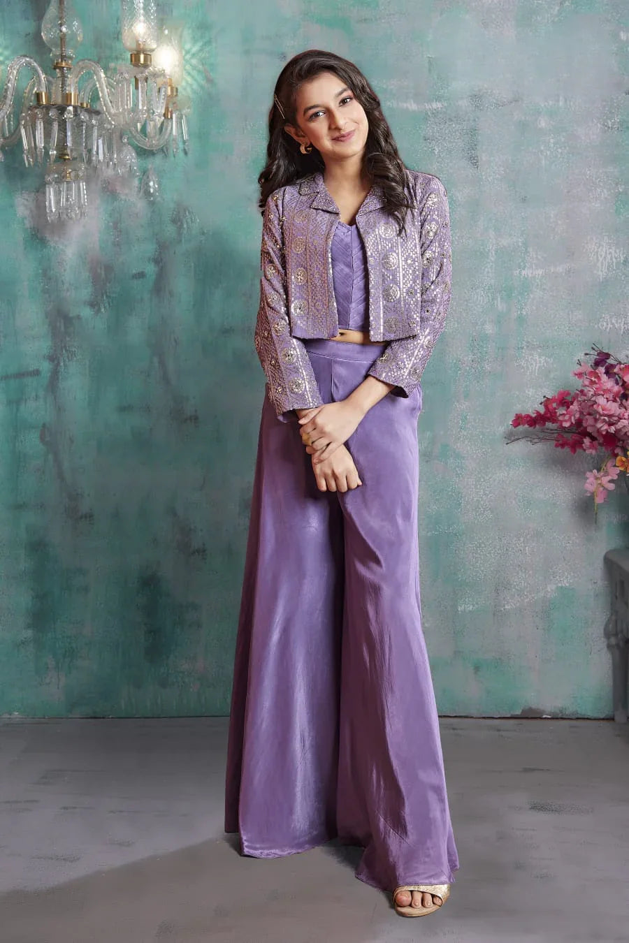 Lavender Palazzo Set with Embroidered Jacket | Mokshaa