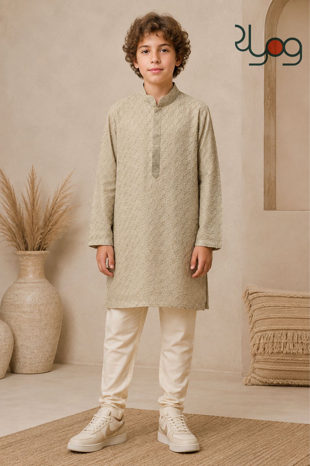 Beige Embroidered Kurta Pyjama Set