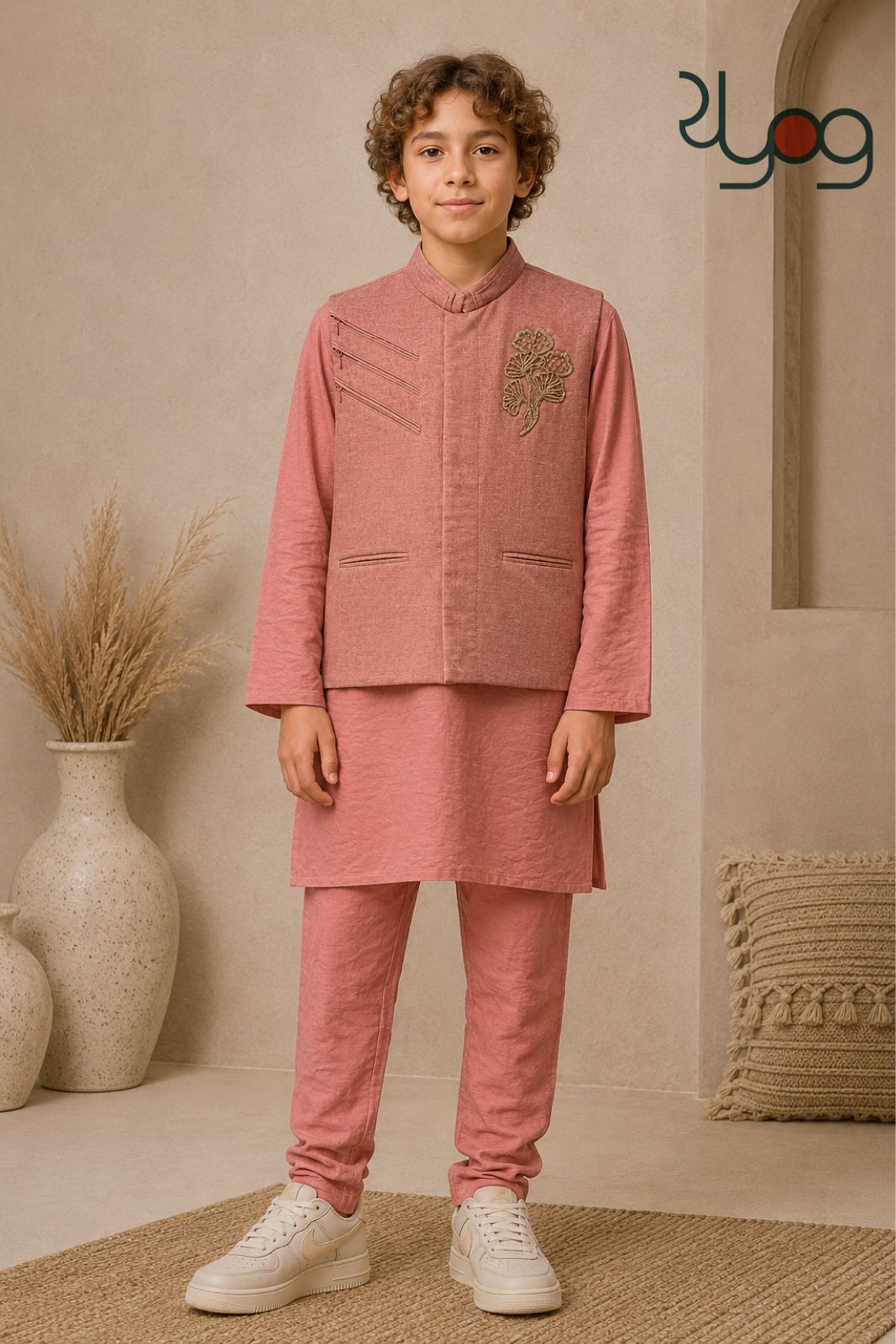 Rust Pink Embroidered Bandi Kurta Pyjama Set