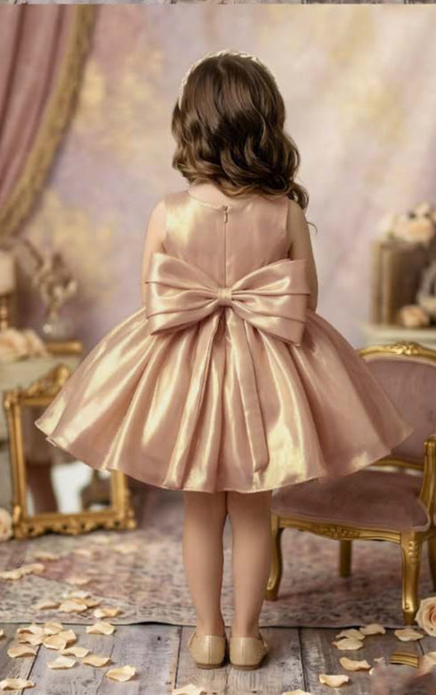 Rose Gold Satin Bow Girls Party Wear Frock