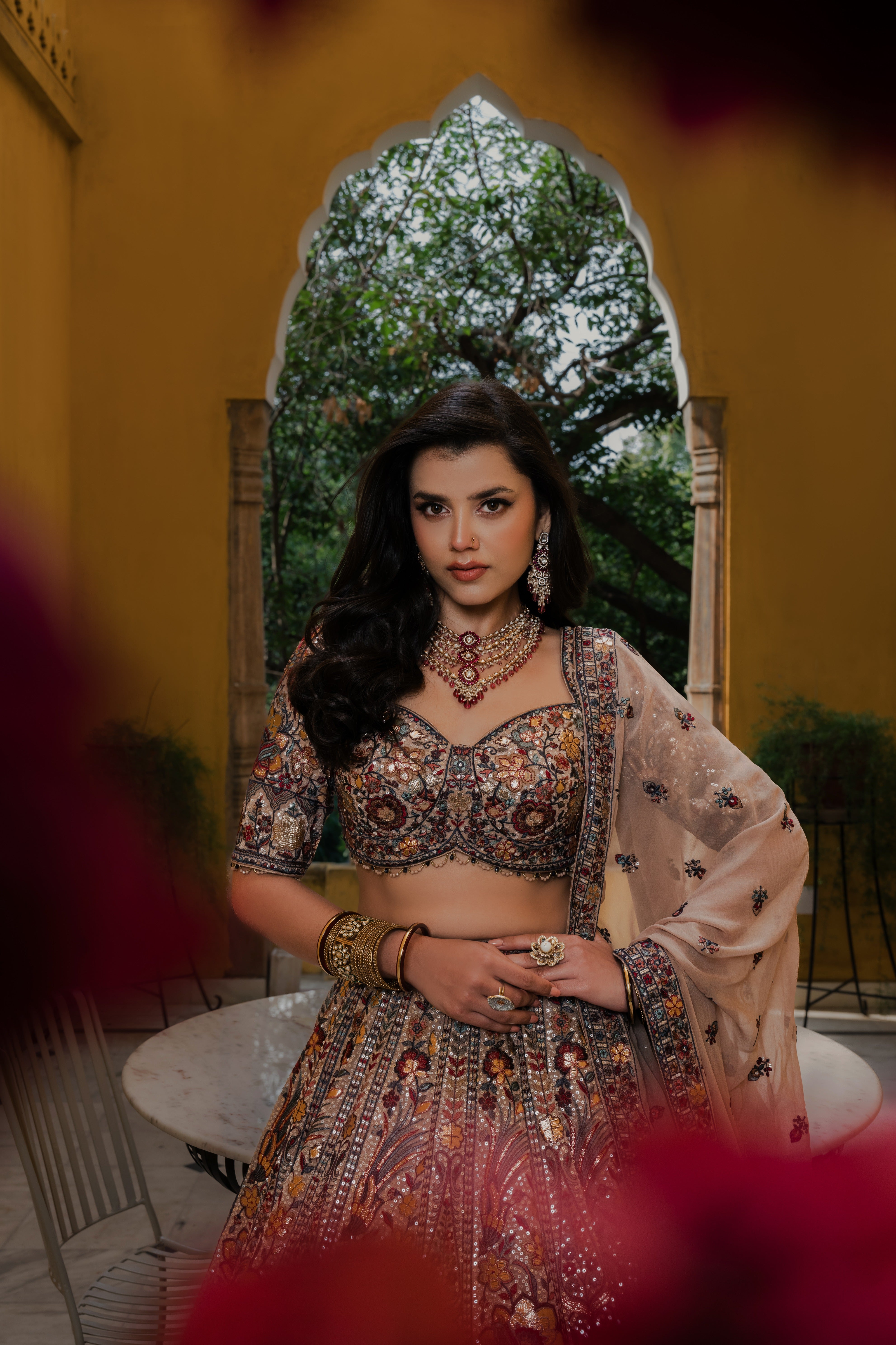 Beige Multi-Color Silk Lehenga with Intricate Resham Embroidery Mokshaa