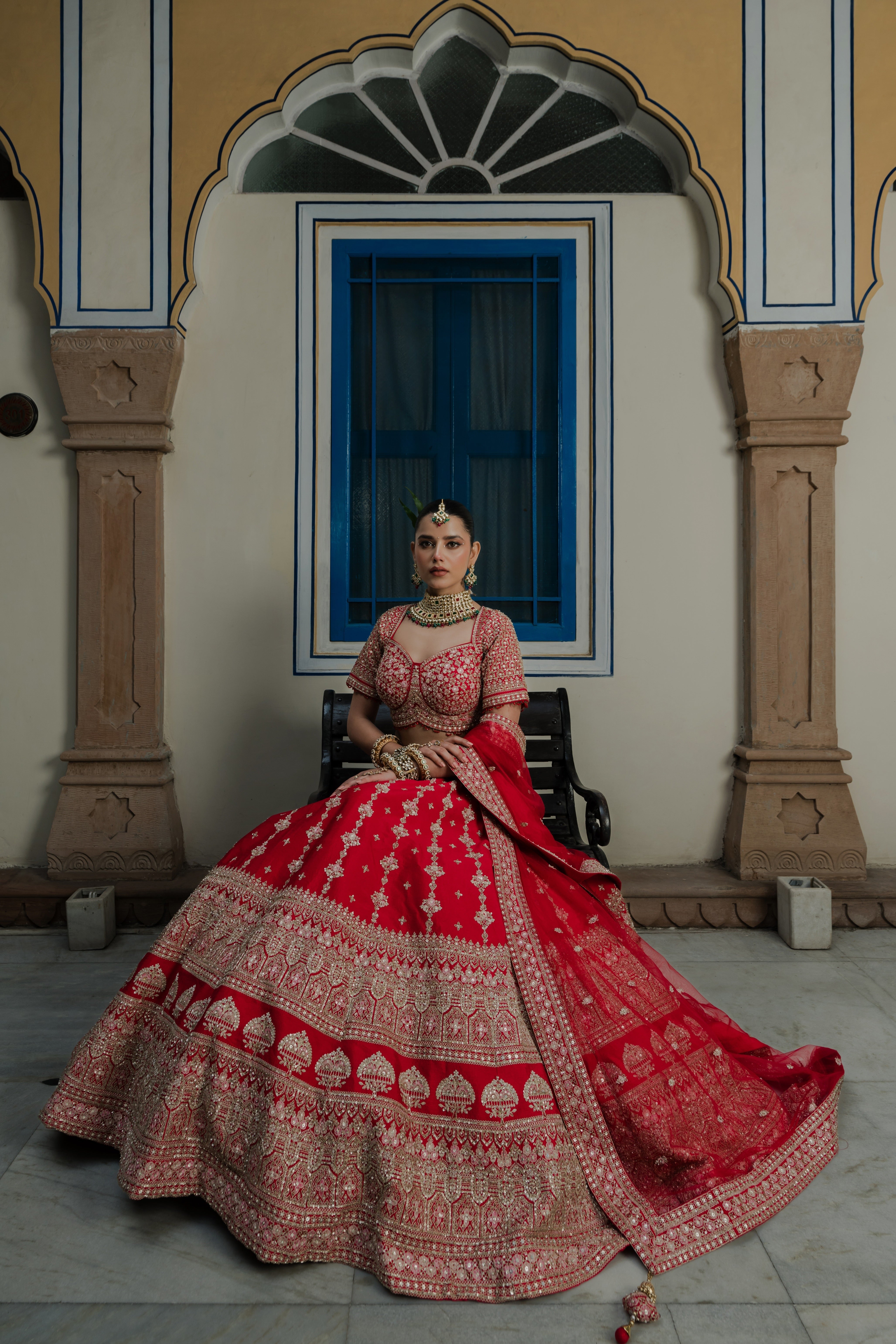 Crimson Red Silk Lehenga with Temple Motif Zardosi Embroidery Mokshaa