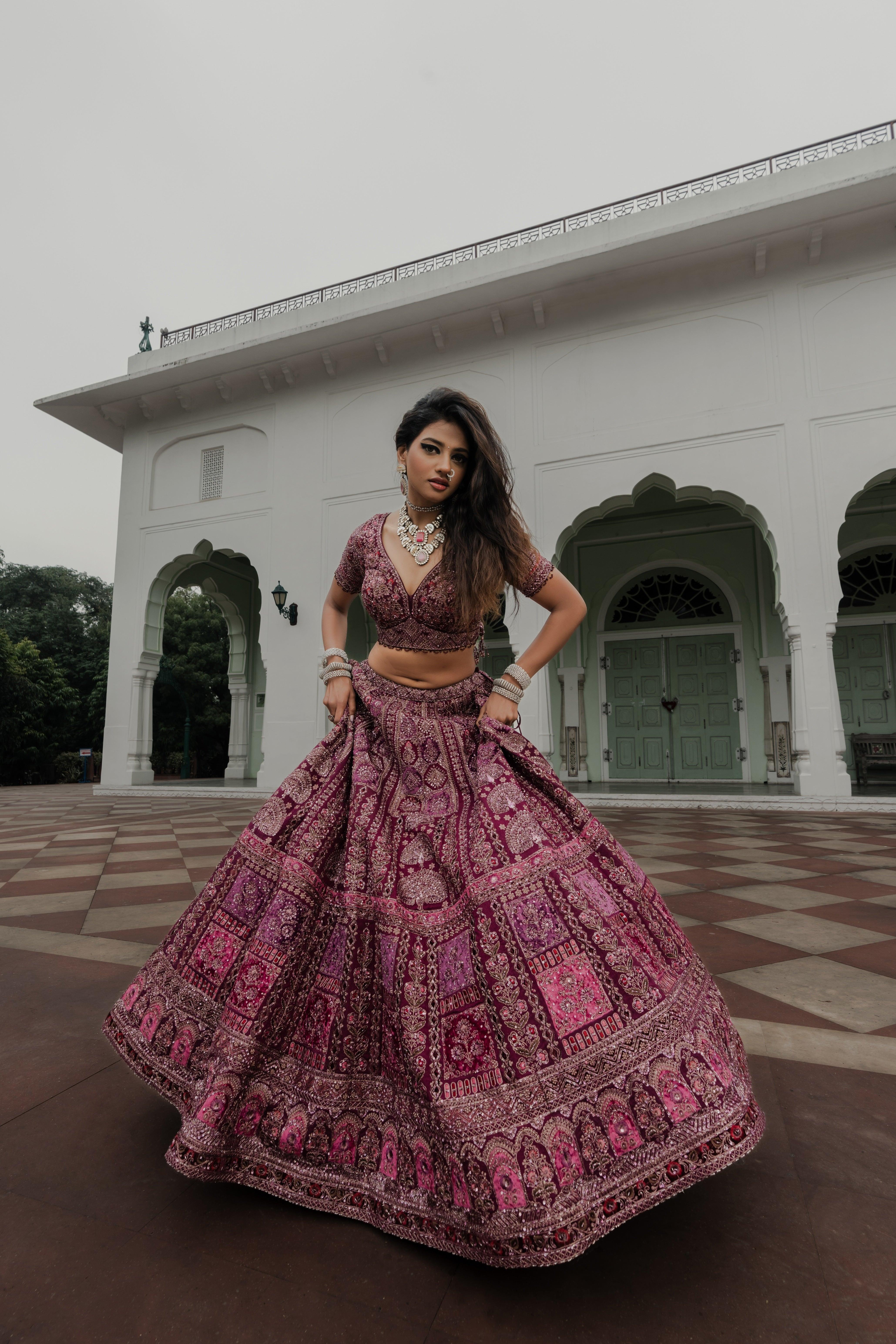 Wine Velvet Lehenga with Patchwork and Sequin Embroidery  Mokshaa