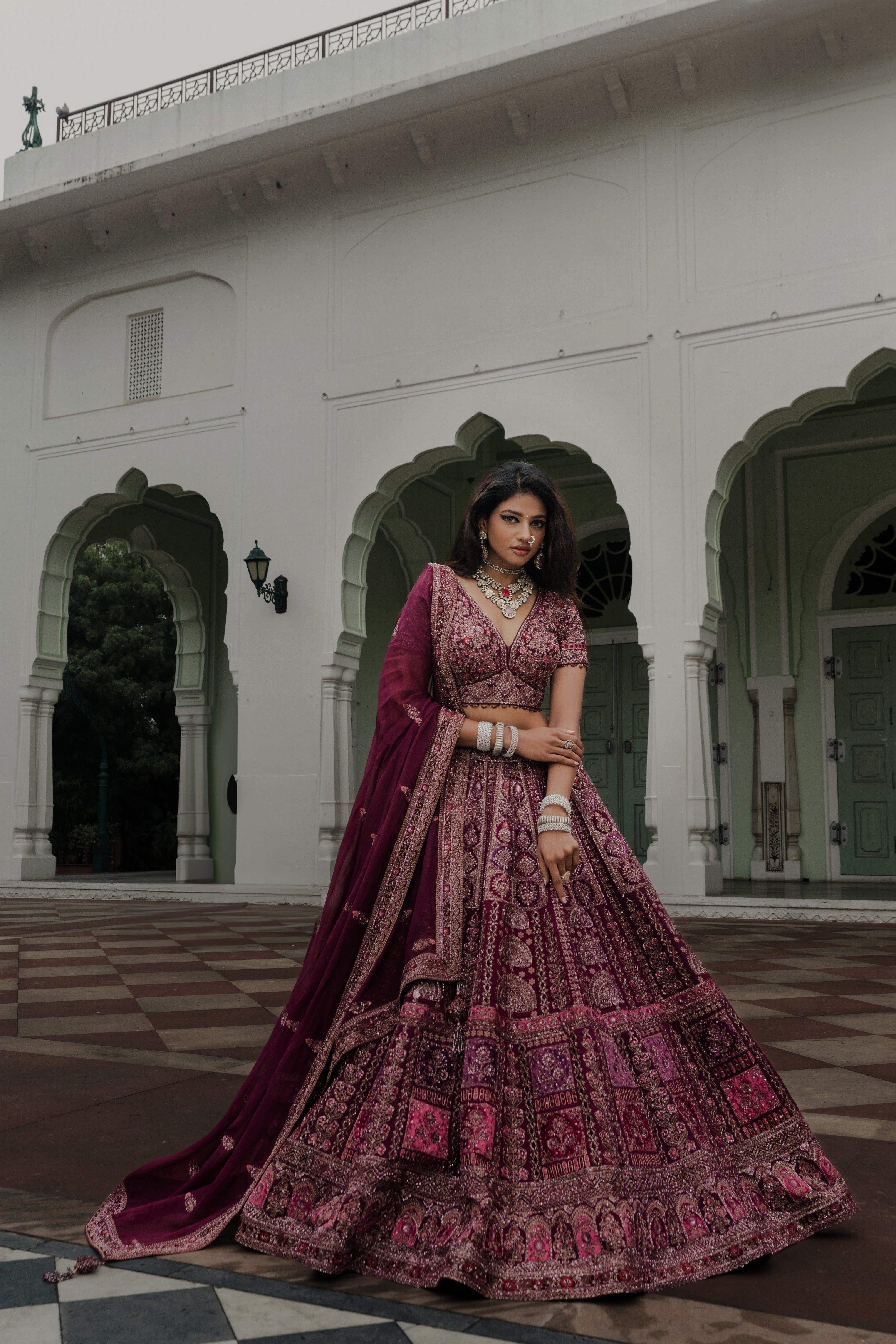 Wine Velvet Lehenga with Patchwork and Sequin Embroidery  Mokshaa
