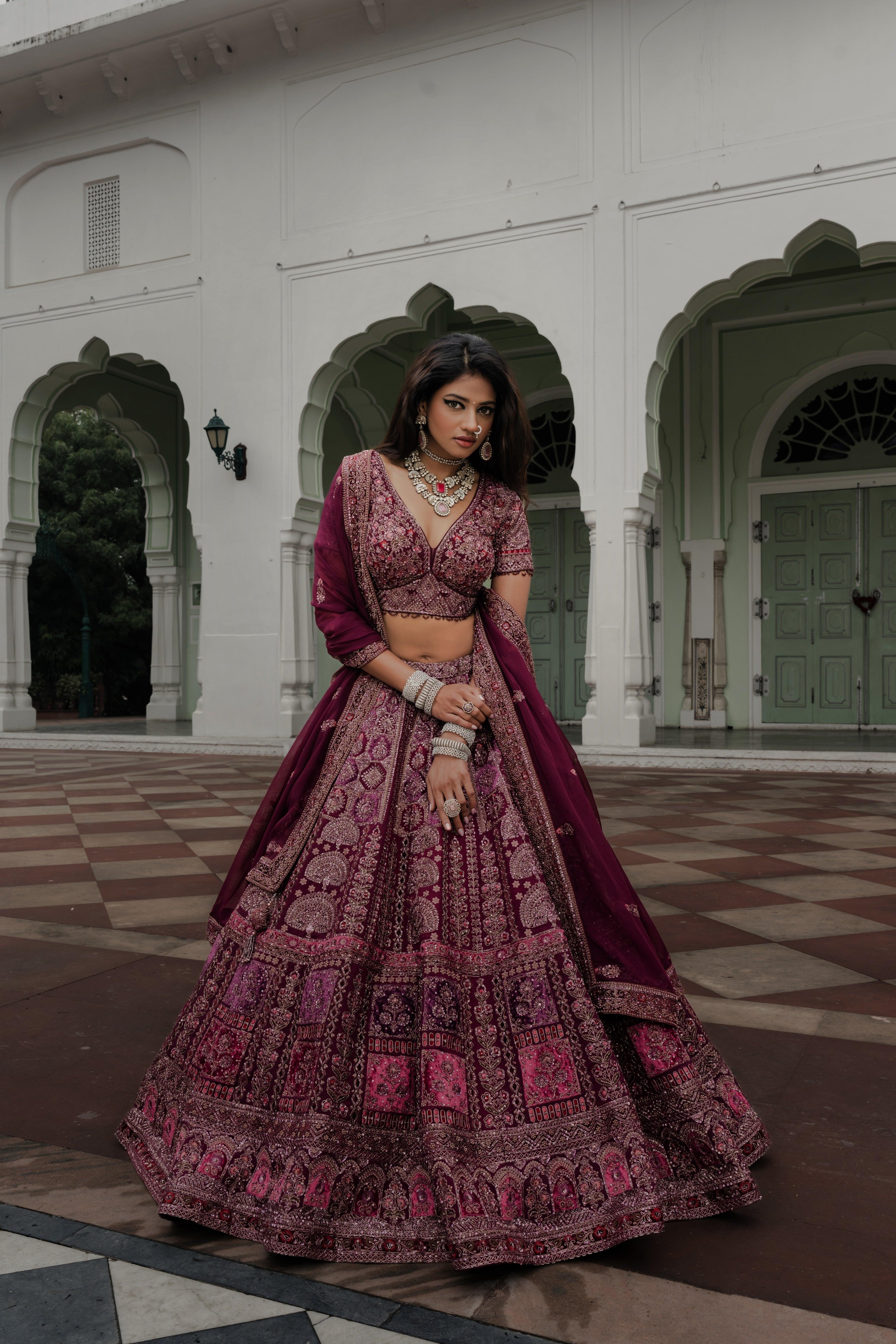 Wine Velvet Lehenga with Patchwork and Sequin Embroidery  Mokshaa