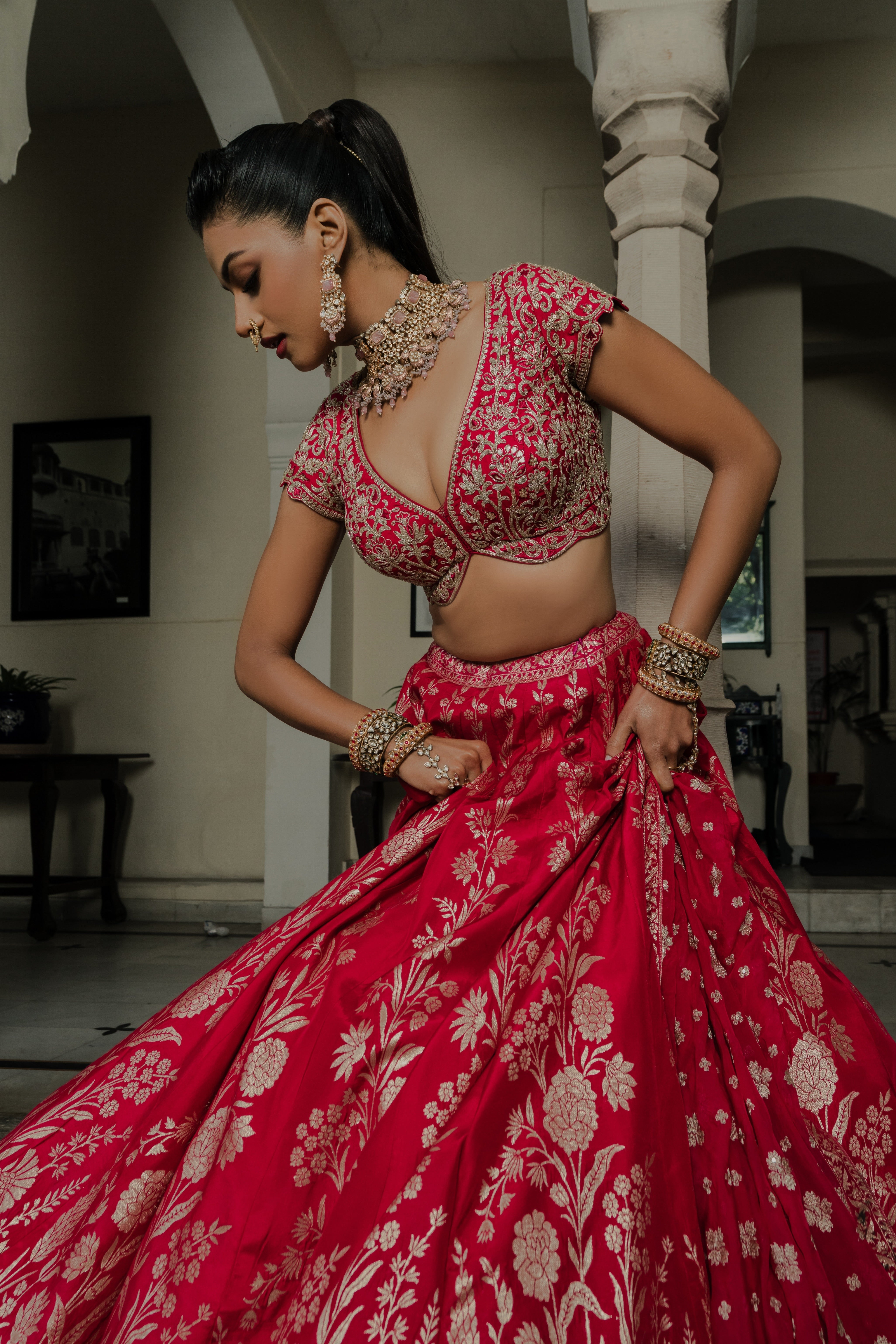Red Silk Lehenga Set with Silver Zari Embroidery Mokshaa