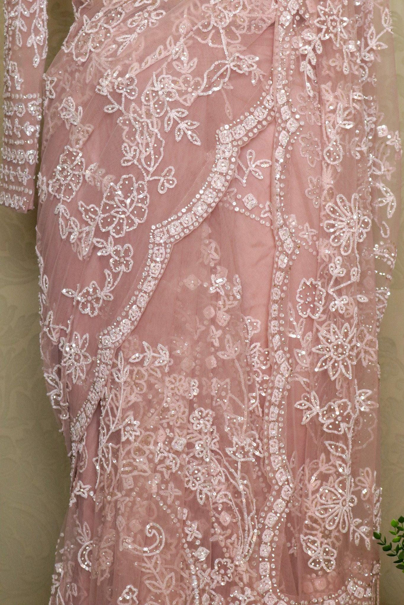 Soft Pink Net Saree with Sequin & Stone Embroidery.