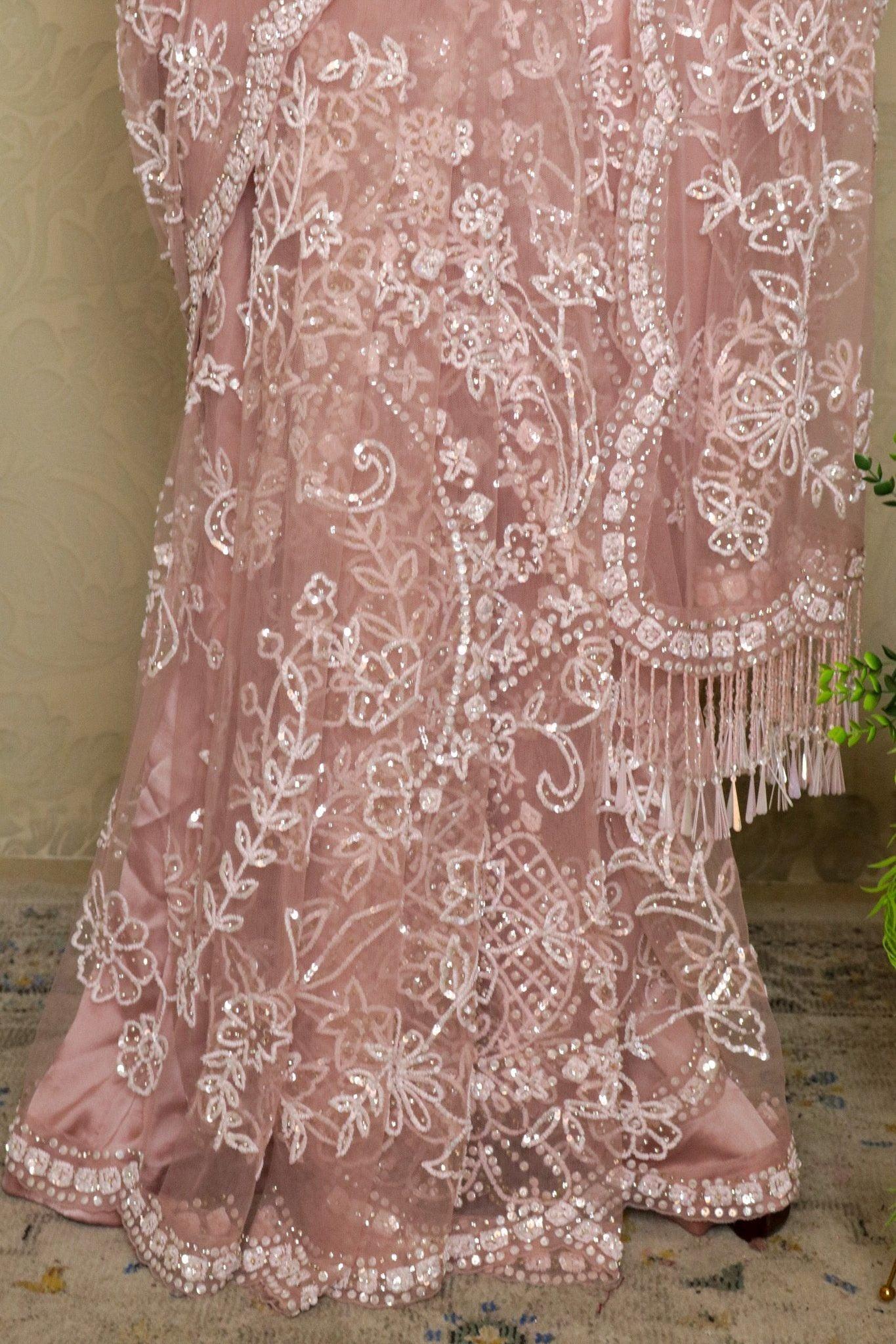 Soft Pink Net Saree with Sequin & Stone Embroidery.