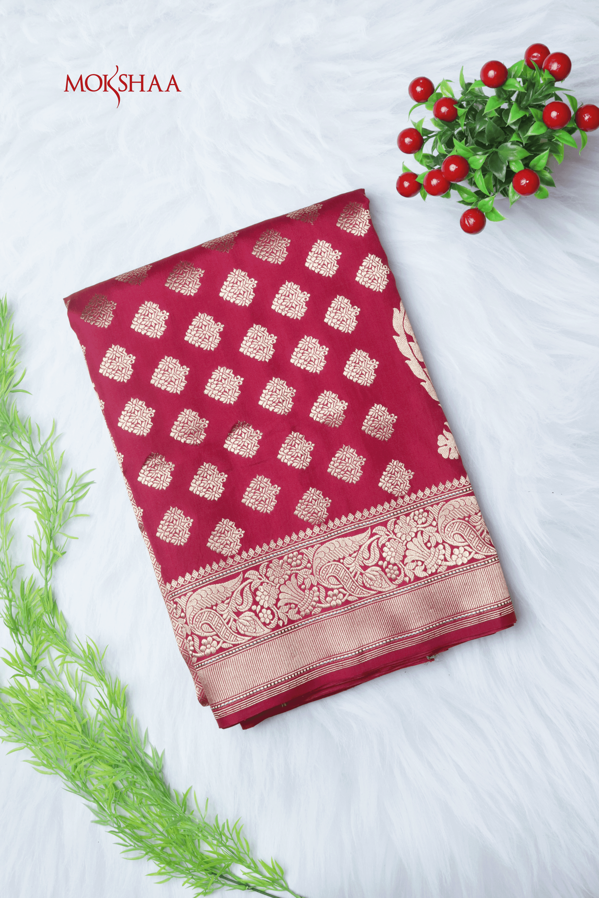 Red Banarasi Saree with Gold Zari Buttas  Mokshaa