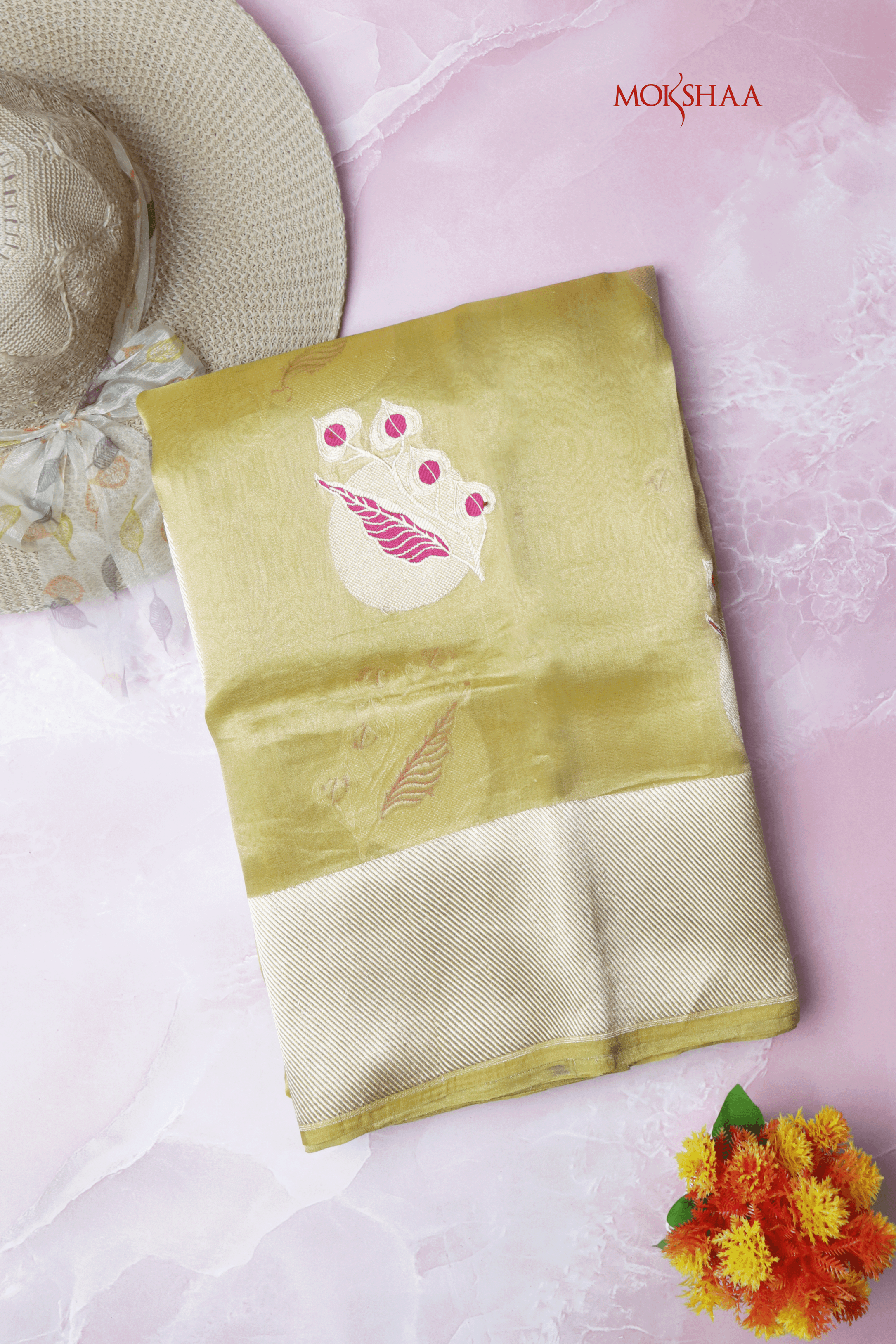 Olive Green Tissue Kora Saree with Cream Zari Border & Pink Leaf Motifs  Mokshaa