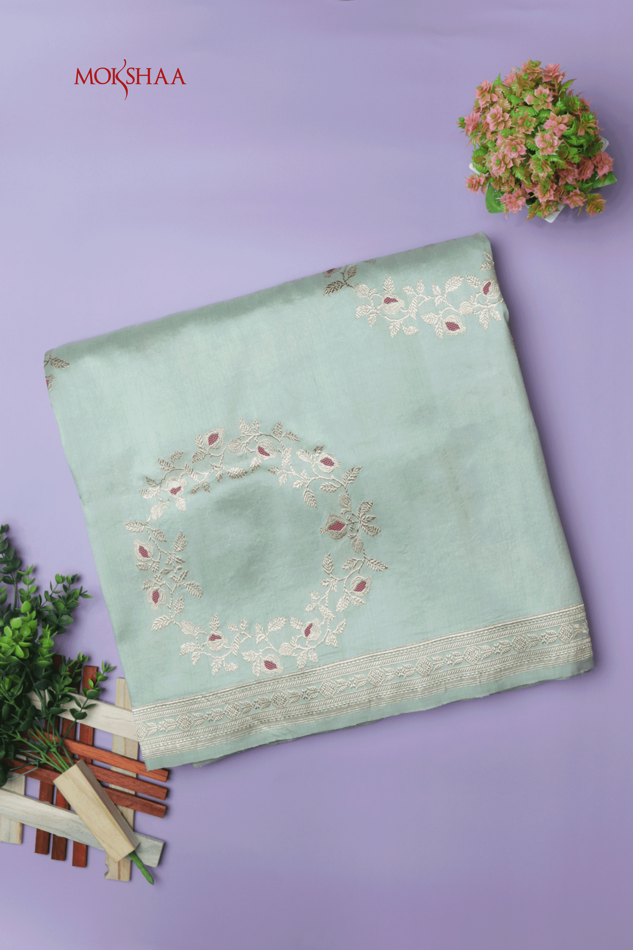 Mint Green Banarasi Silk Saree with Antique Zari Medallions  Mokshaa