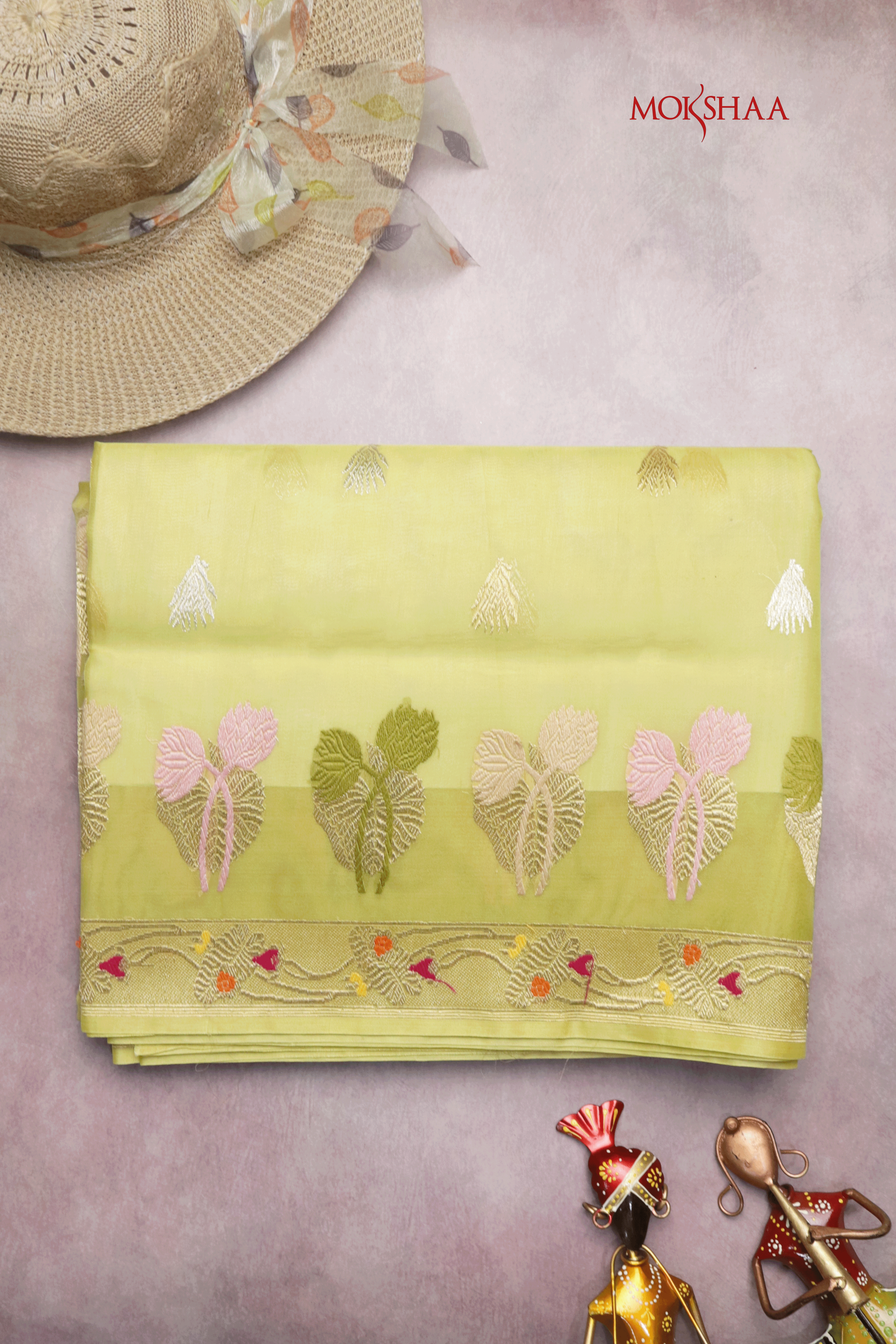 Lime Green Banarasi Kora Silk Saree Mokshaa