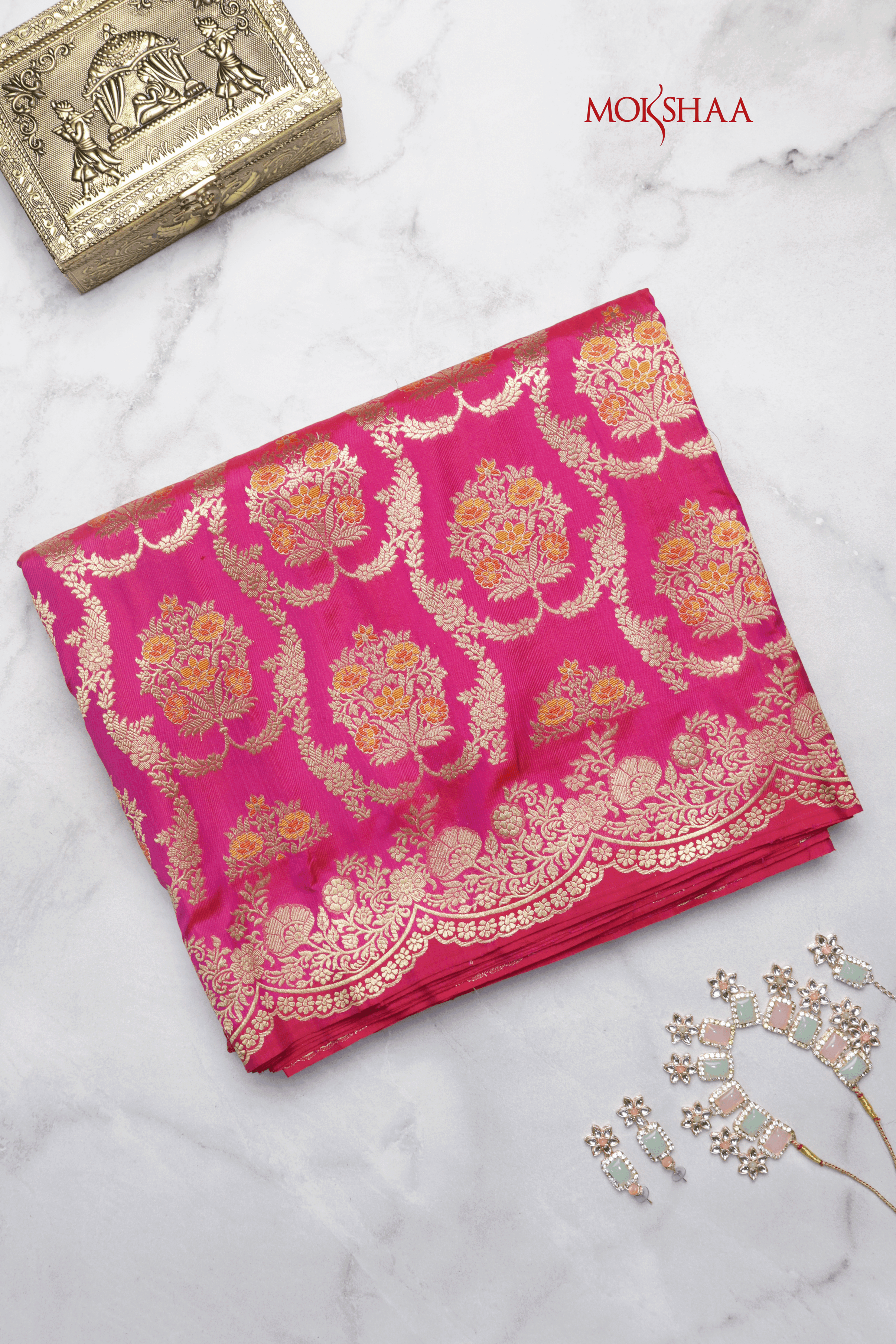 Rani Pink Banarasi Silk Saree with Gold Floral Brocade  Mokshaa