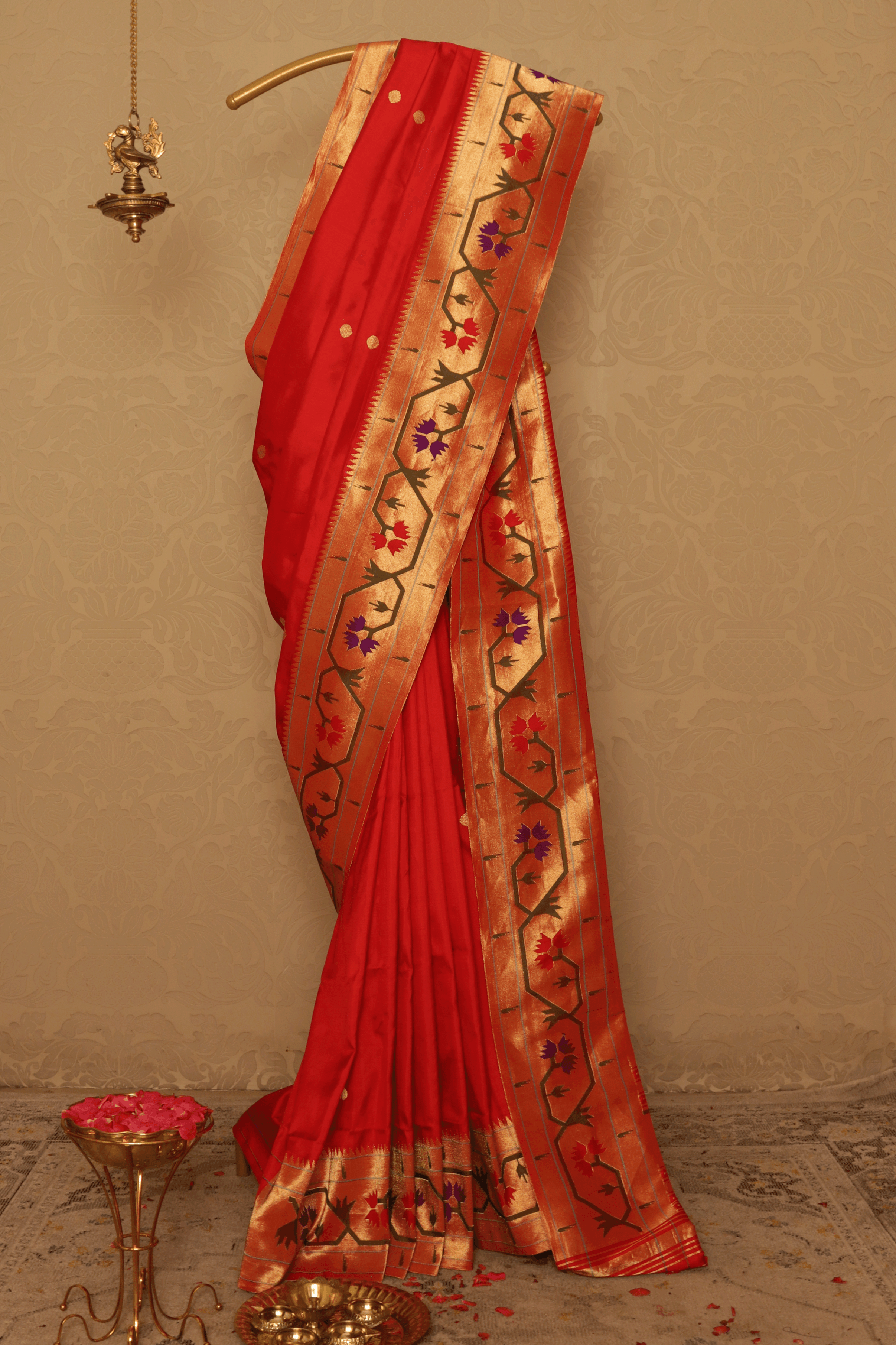 Classic Red Paithani Saree with Gold Zari and Lotus Motifs Mokshaa