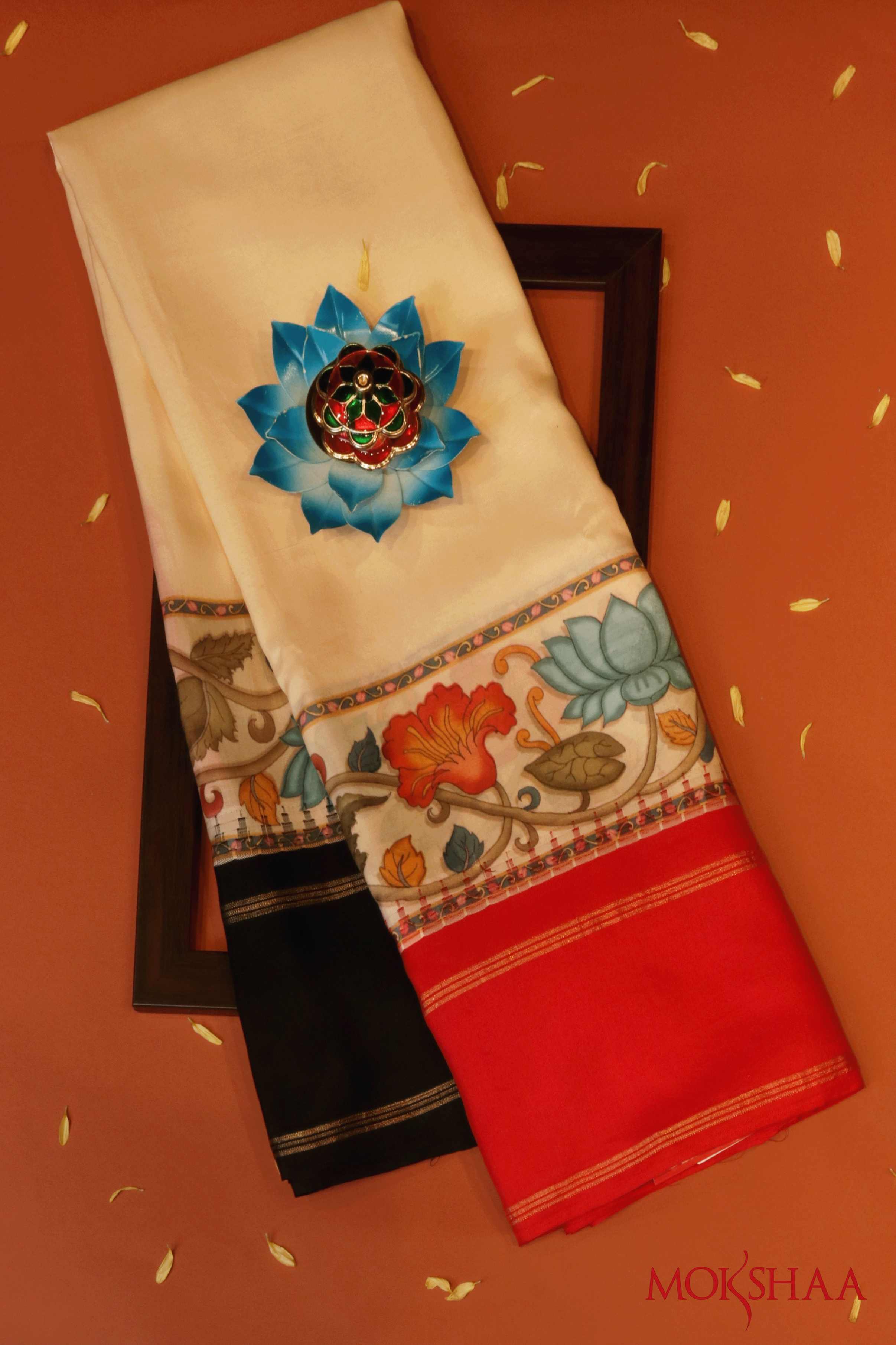 Off White Kanchipuram Silk Saree With Hand-Painted Floral Borders Mokshaa