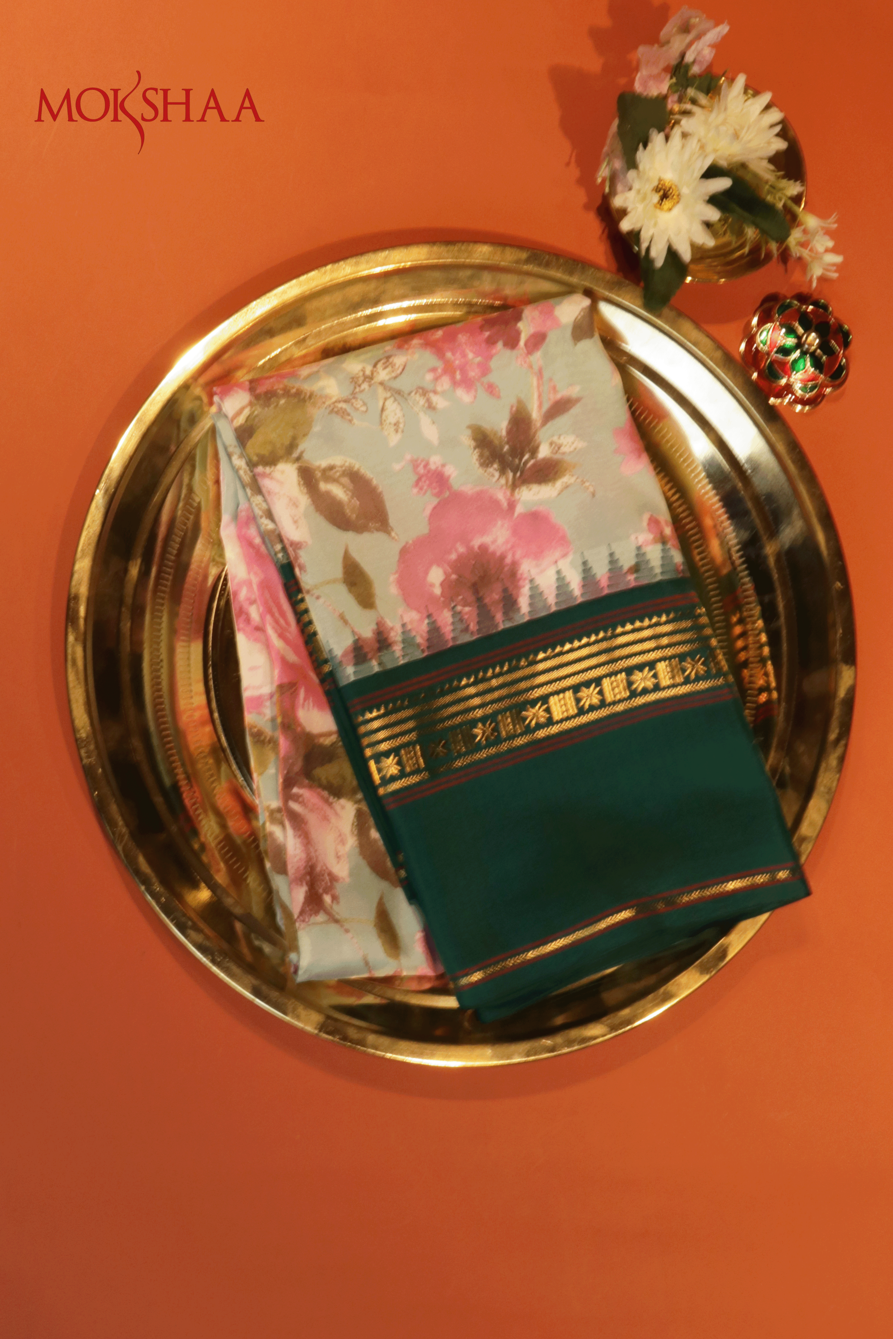 Mint Green Floral Printed Saree With Bottle Green Zari Border  Mokshaa