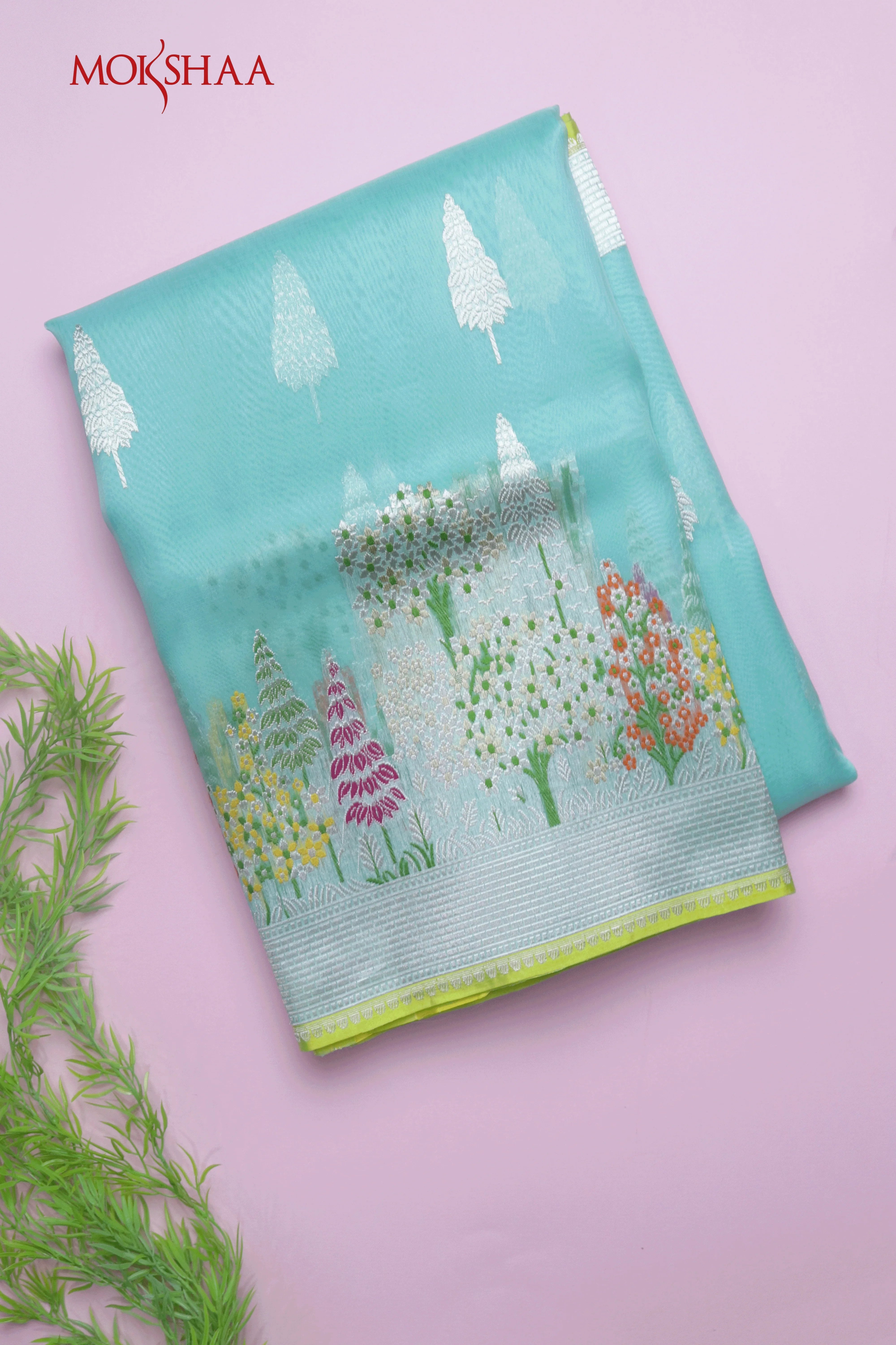 Aqua Blue Banarasi Kora Silk Saree | Mokshaa