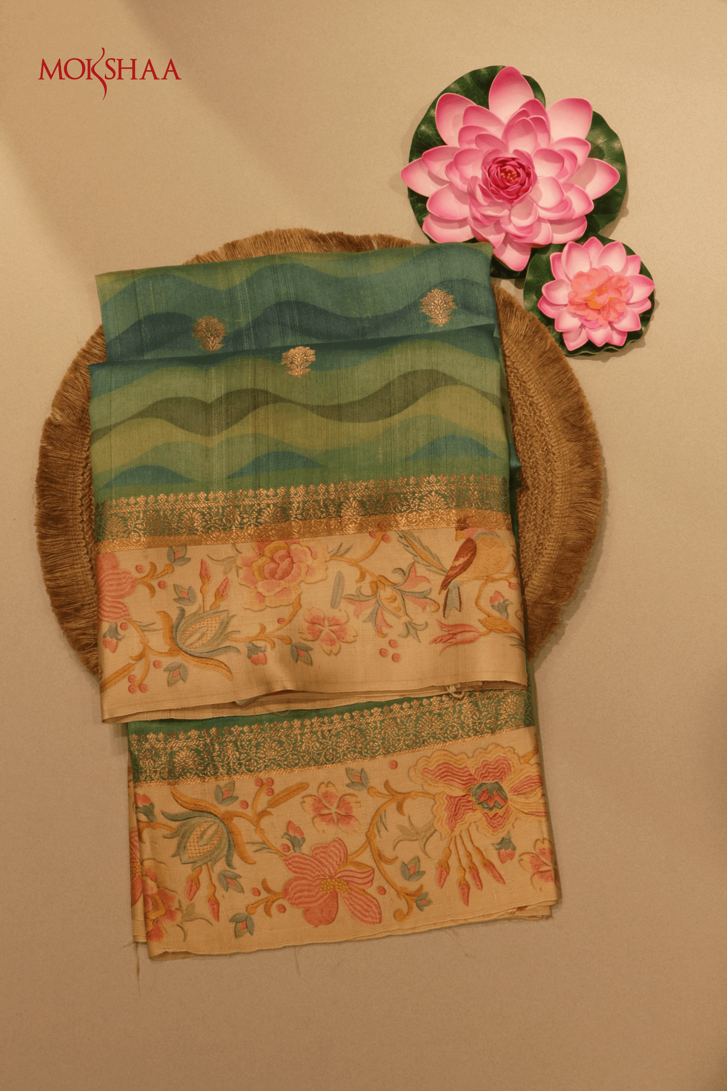 Green Wave Printed Tussar Silk Saree  Mokshaa