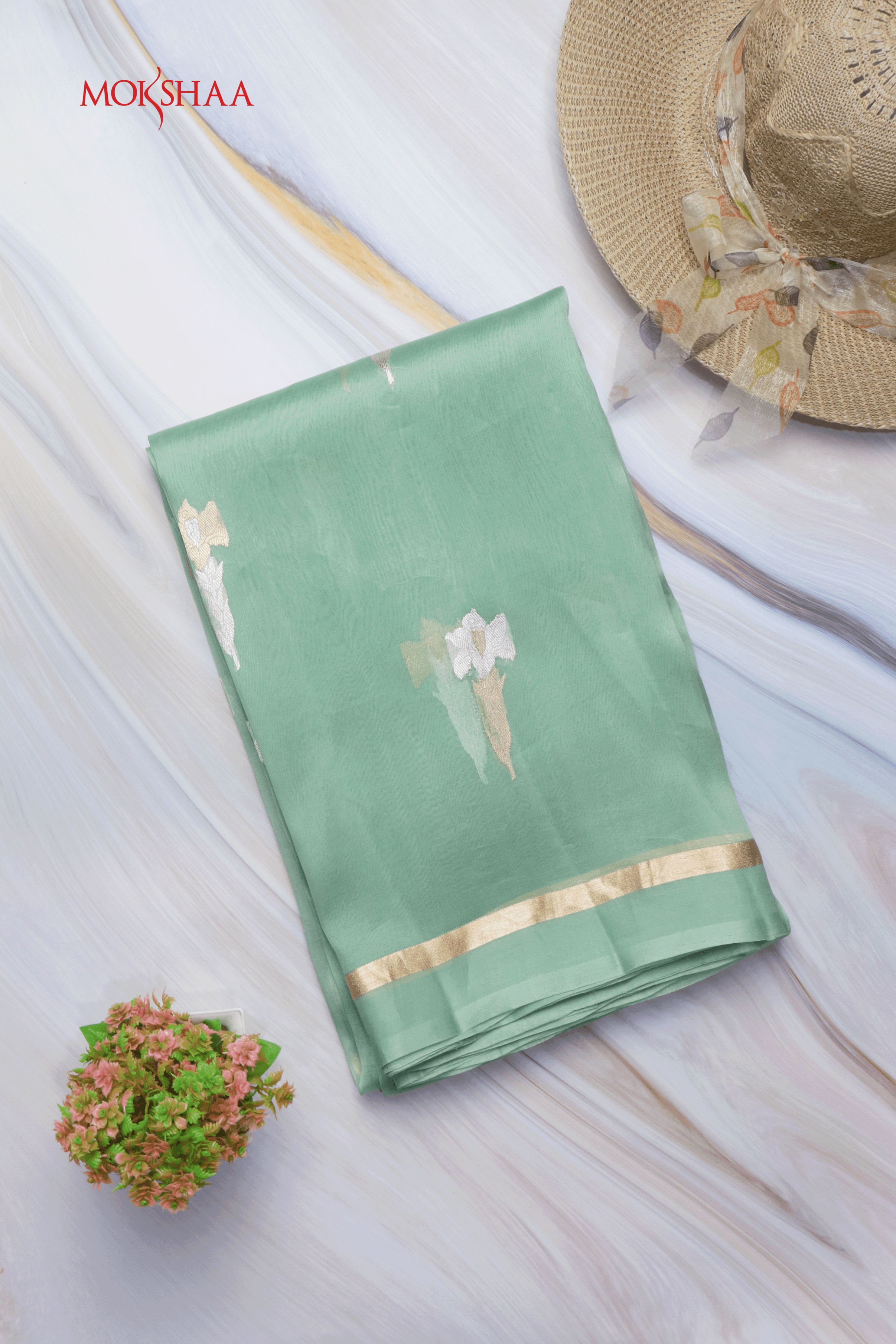 Mint Green Banarasi Kora Silk Saree Mokshaa