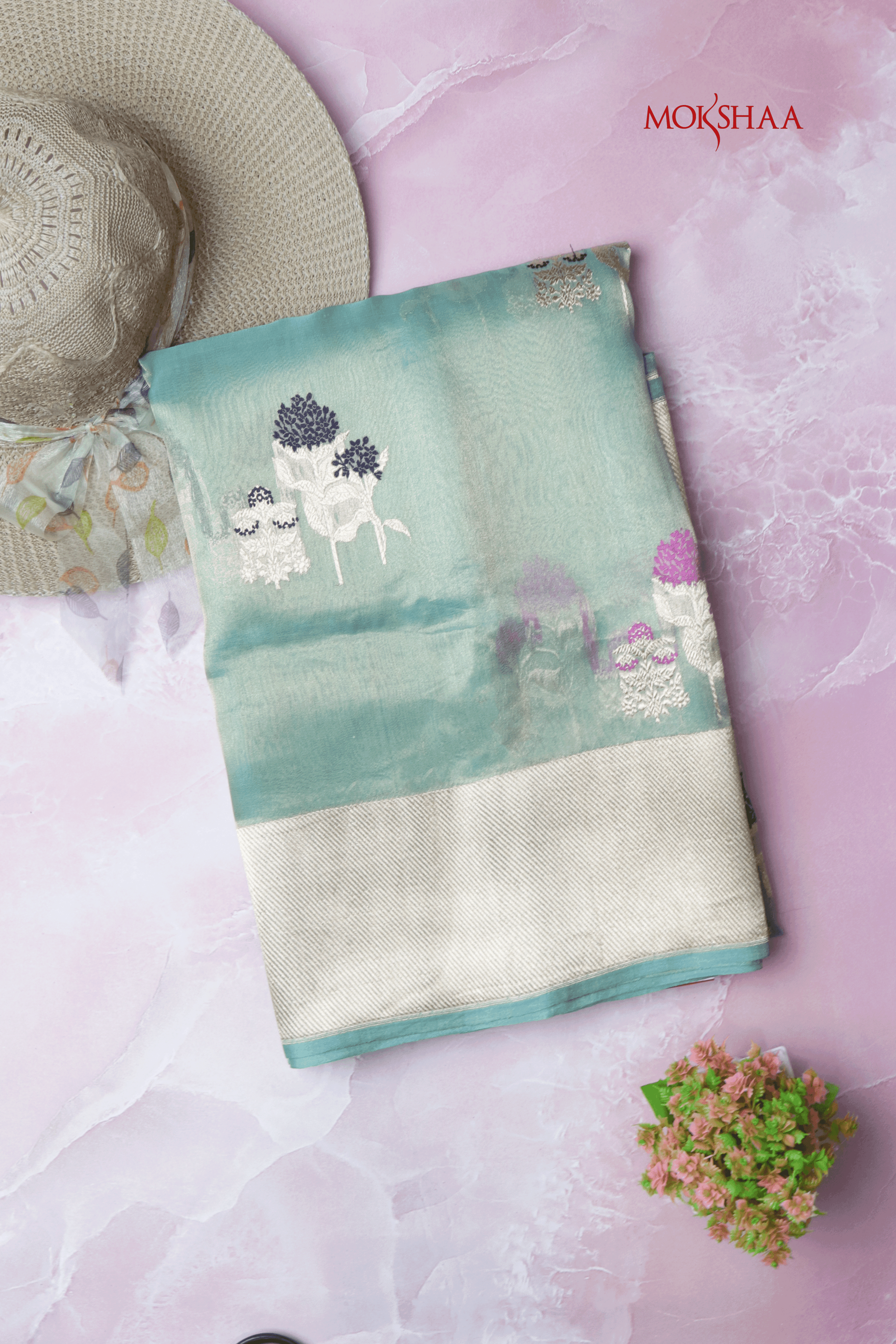 Sea Green Banarasi Tissue Silk Saree with Floral Pot Motifs  Mokshaa