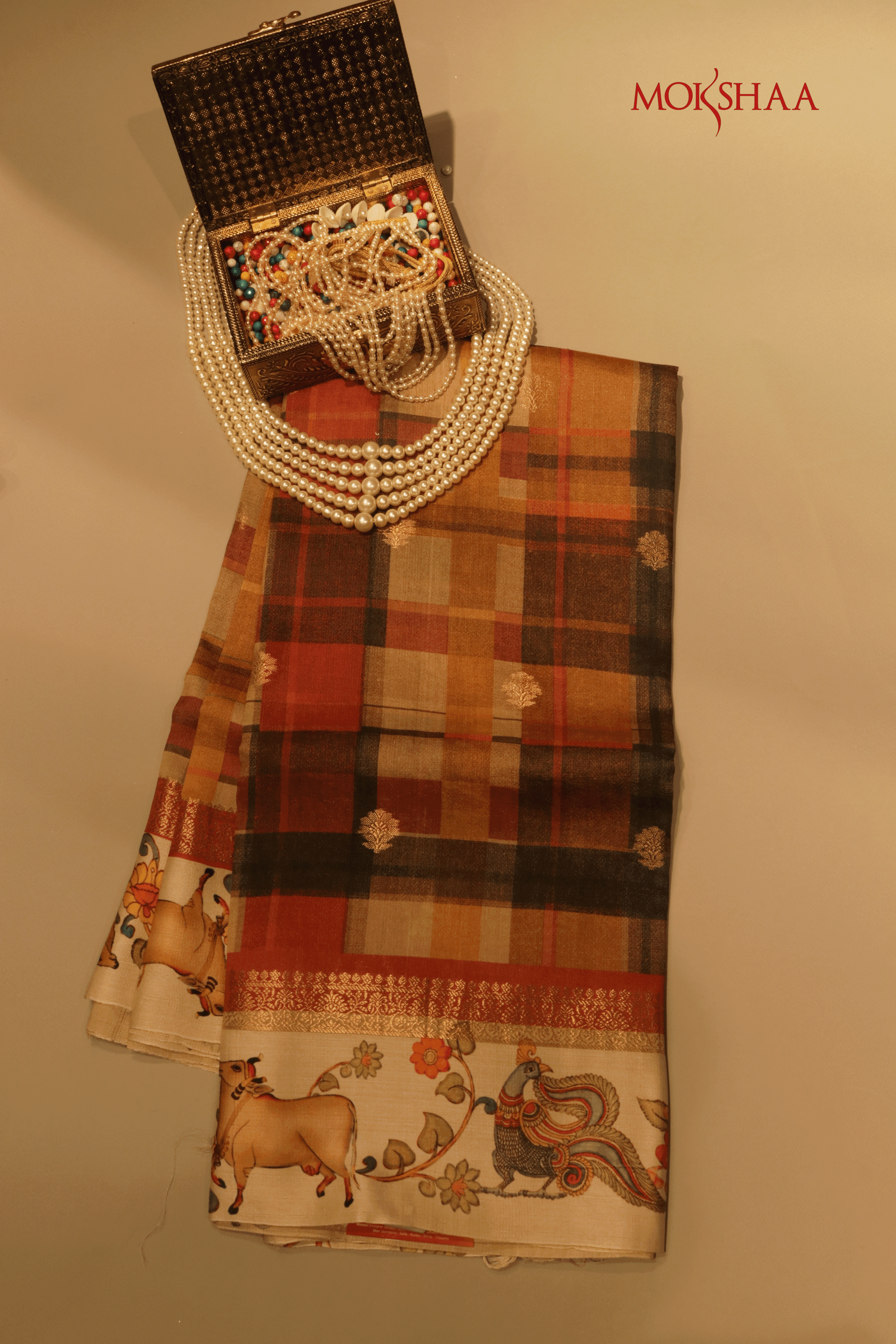Multicoloured Checked Saree With Kalamkari Animal Border Mokshaa