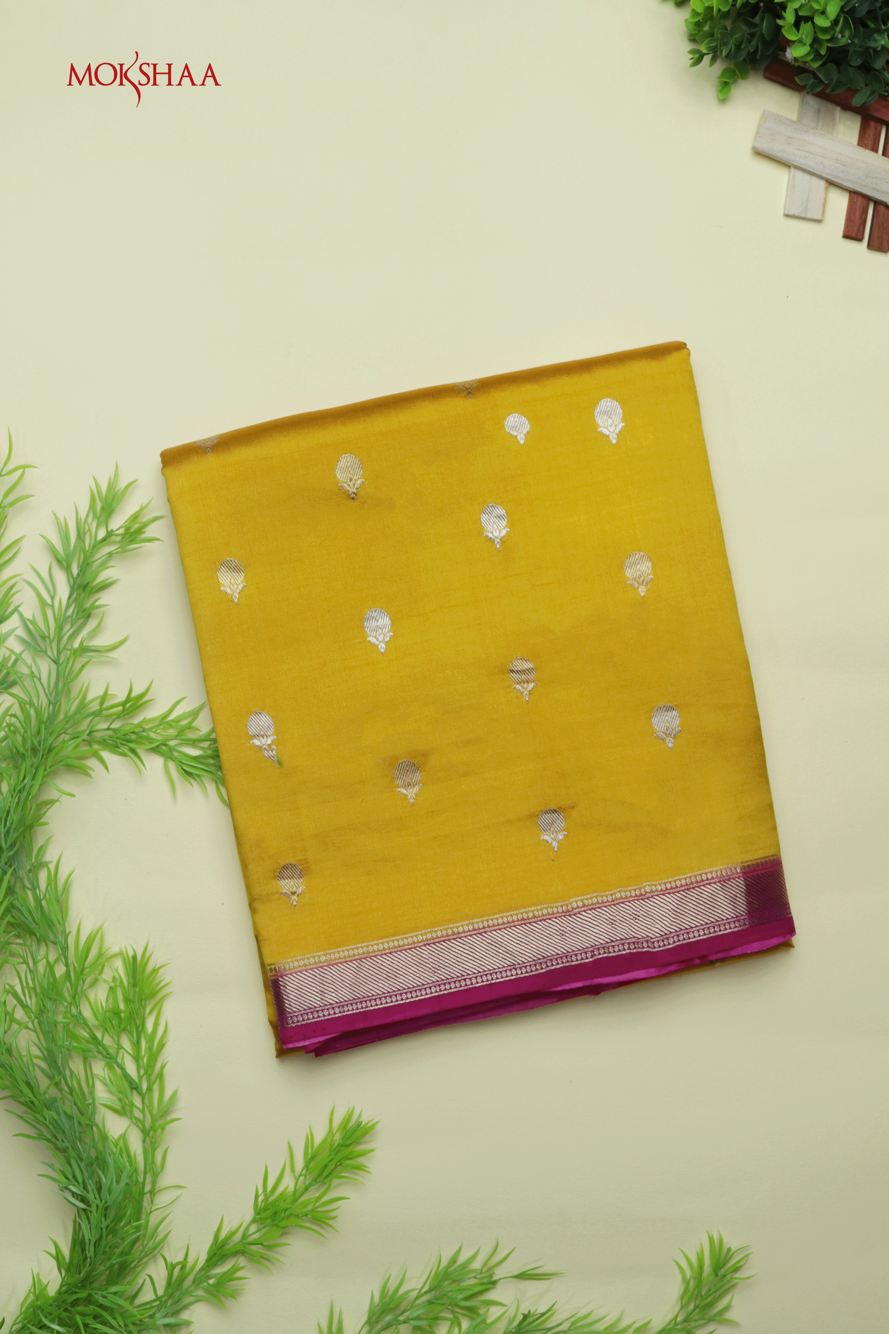 Mustard Yellow and Rani Pink Banarasi Chanderi Saree Mokshaa