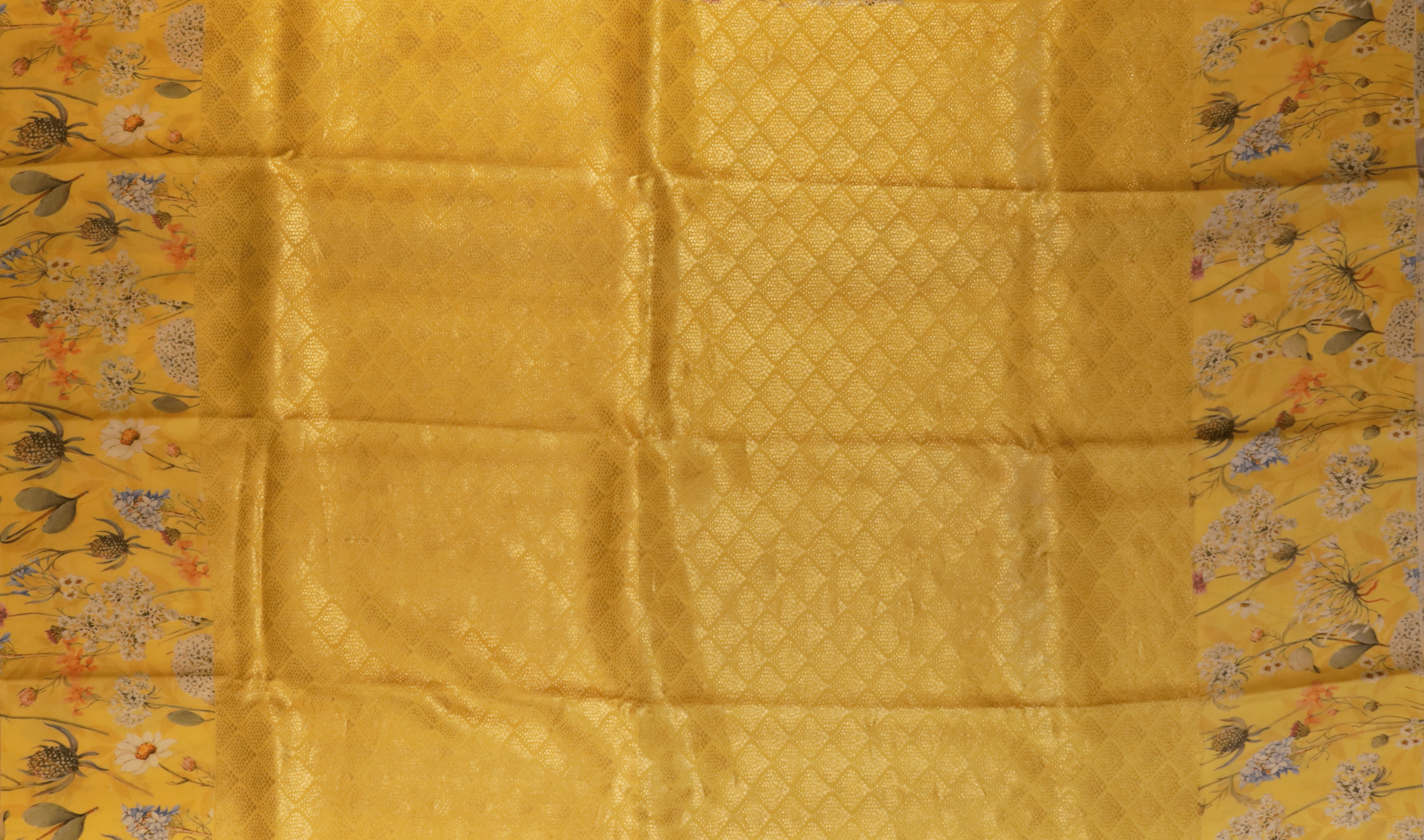 Bright Yellow Printed Satin Silk Saree Mokshaa