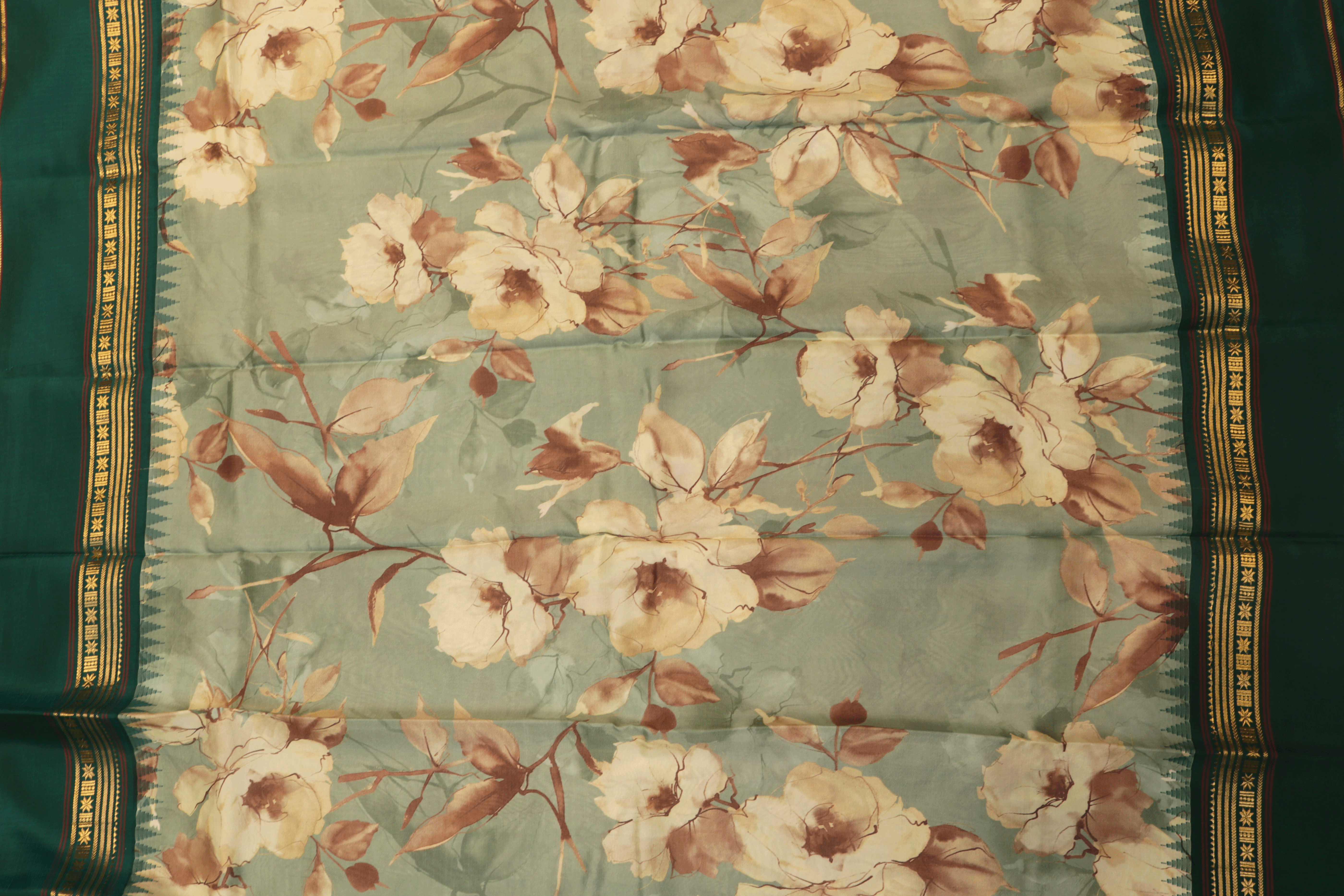 Dusty Sage Floral Printed Saree With Bottle Green Zari Border Mokshaa