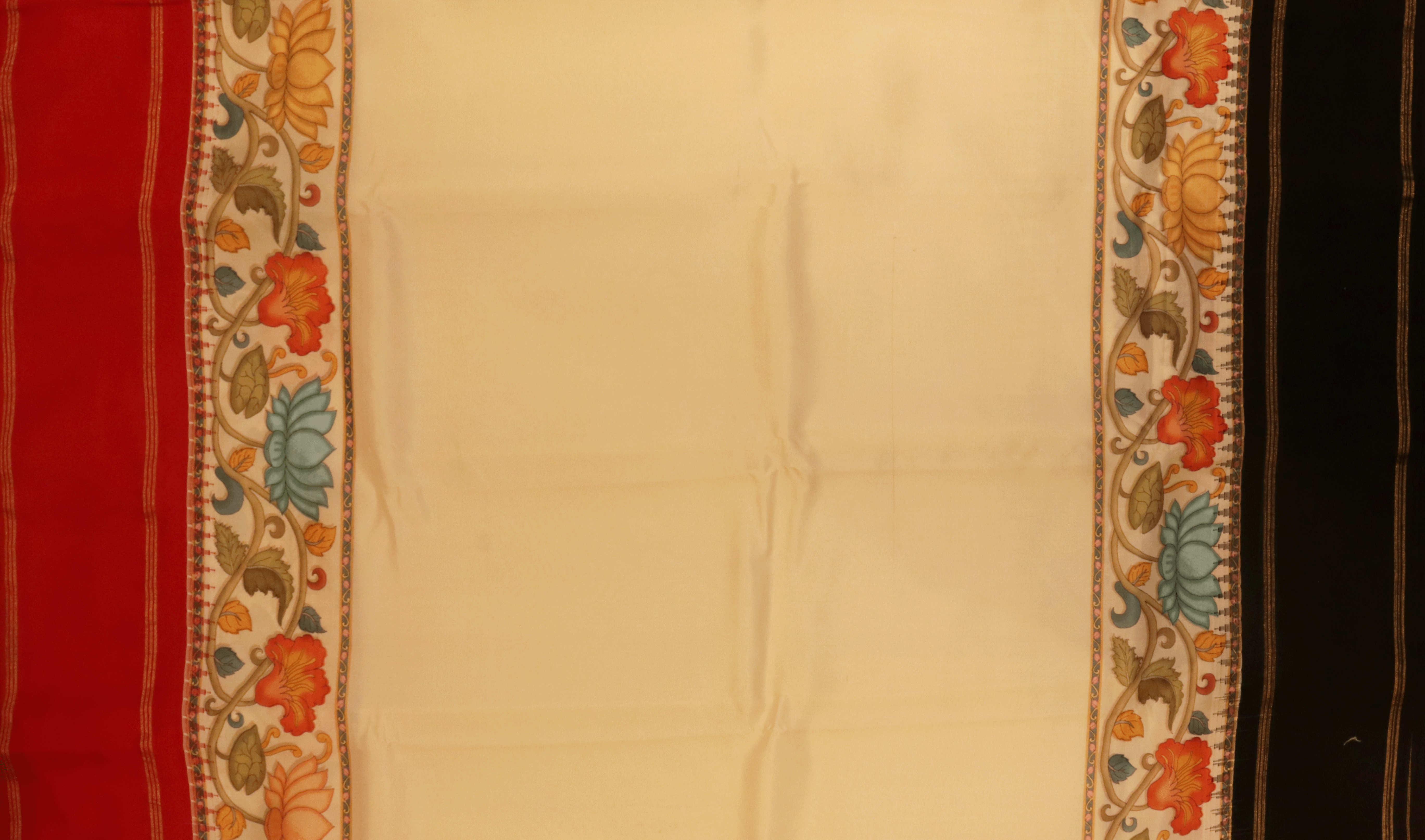 Off White Kanchipuram Silk Saree With Hand-Painted Floral Borders Mokshaa