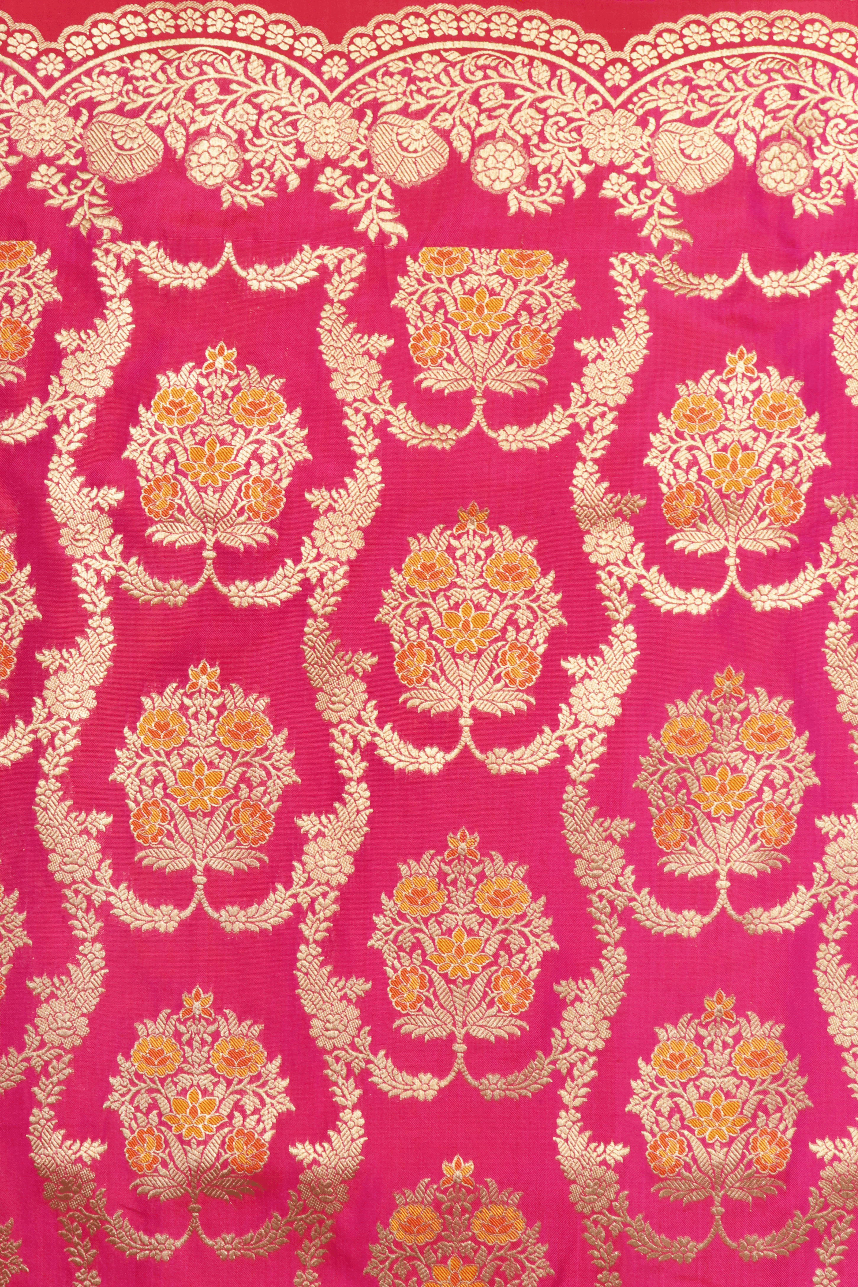 Rani Pink Banarasi Silk Saree with Gold Floral Brocade  Mokshaa