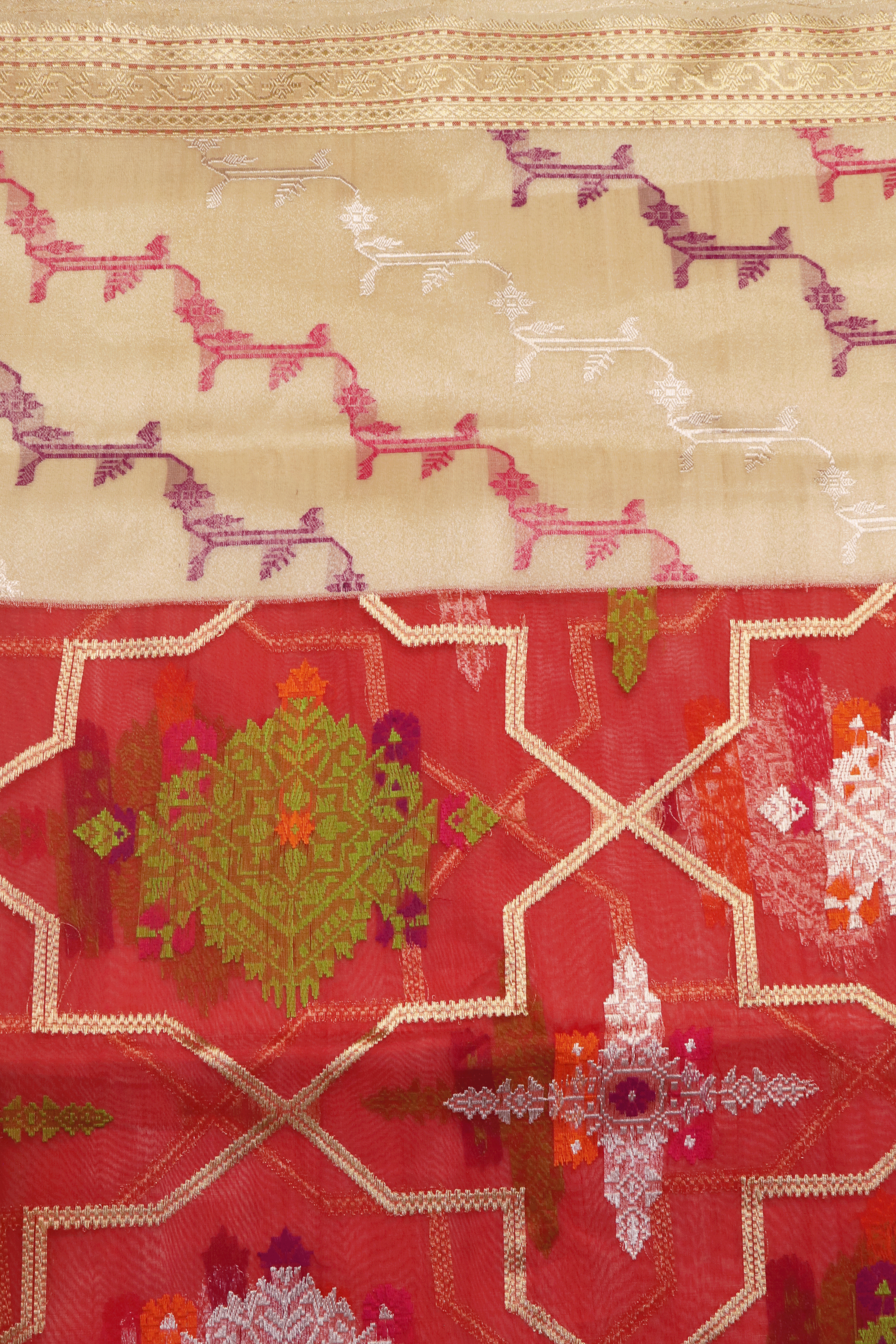 Red & Off White Banarasi Kora Silk Saree Mokshaa
