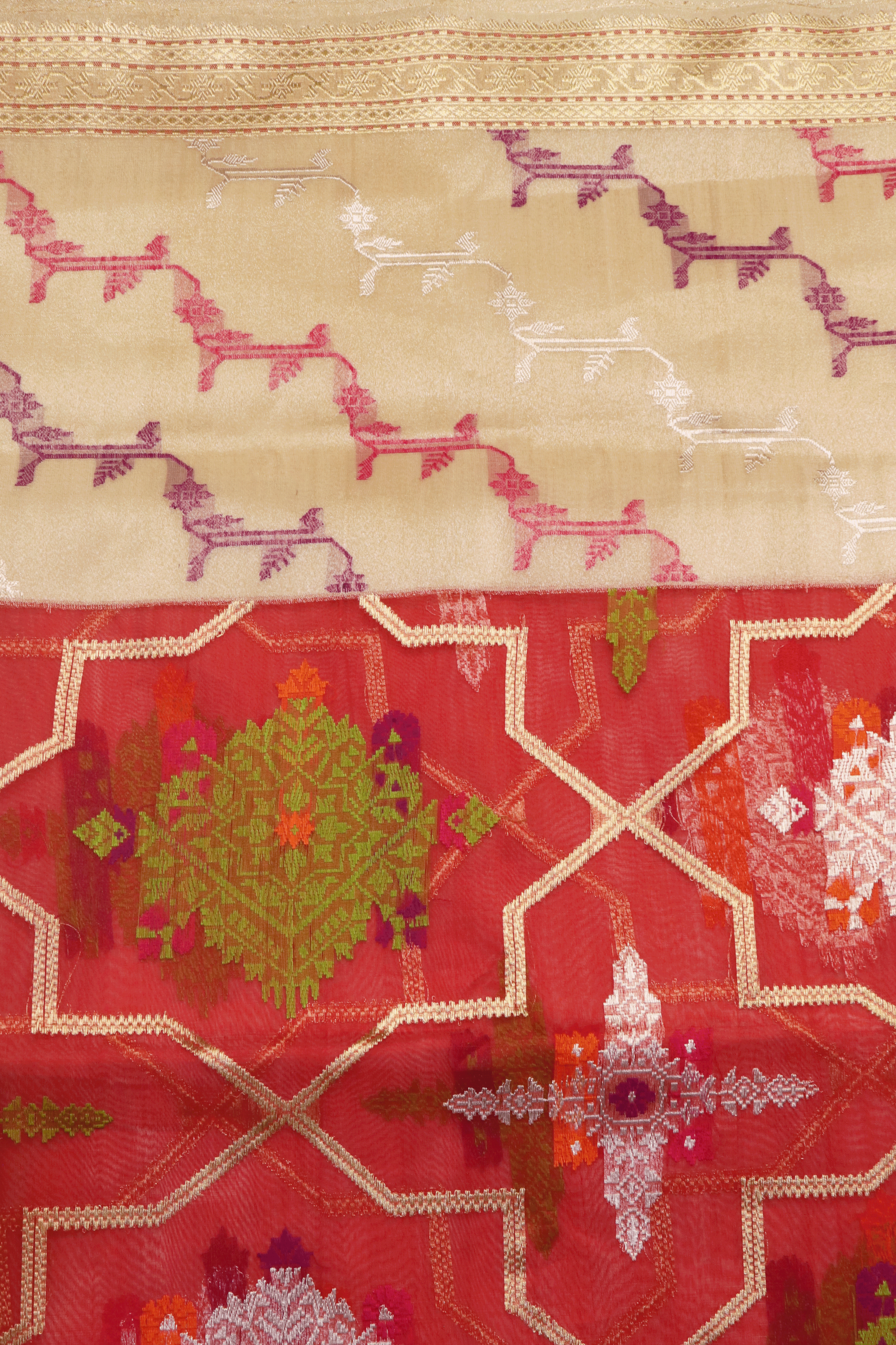 Red & Off White Banarasi Kora Silk Saree Mokshaa