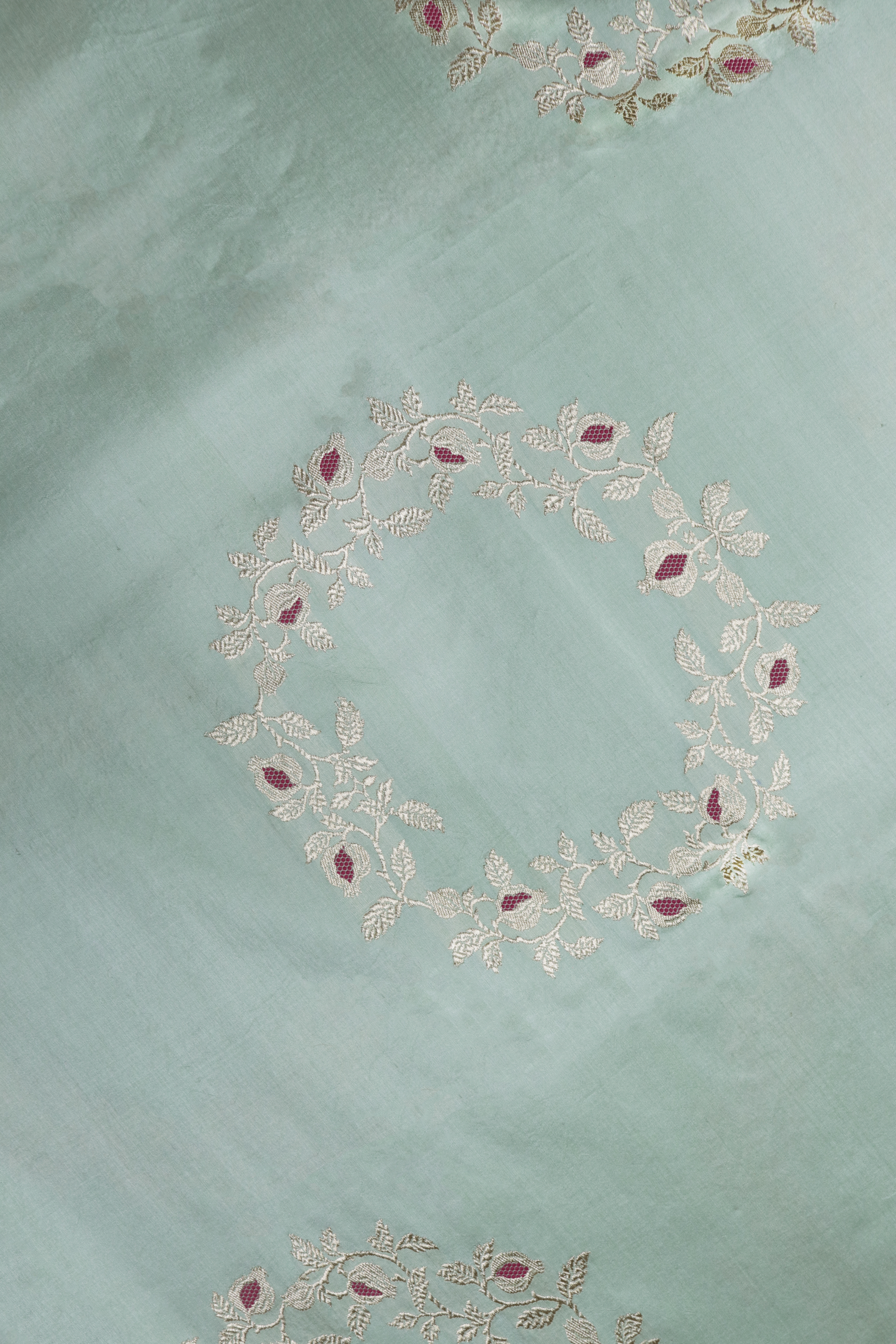Mint Green Banarasi Silk Saree with Antique Zari Medallions Mokshaa