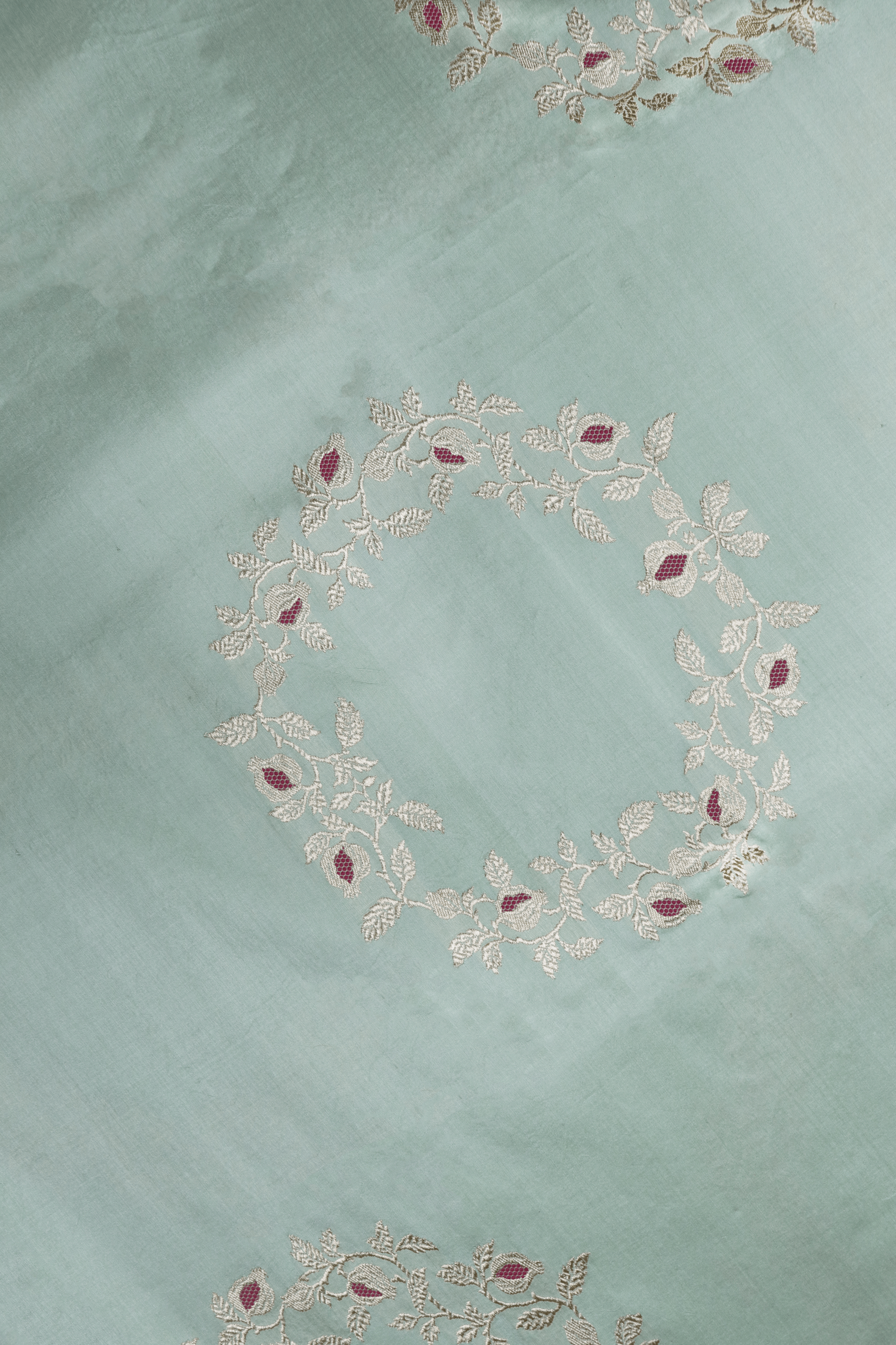 Mint Green Banarasi Silk Saree with Antique Zari Medallions  Mokshaa