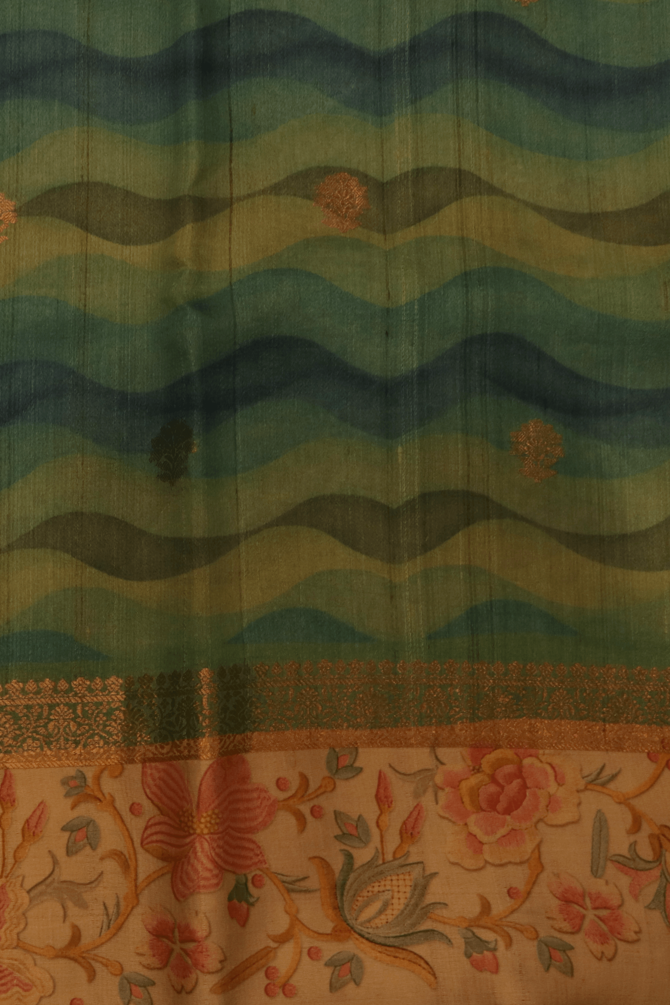 Green Wave Printed Tussar Silk Saree  Mokshaa