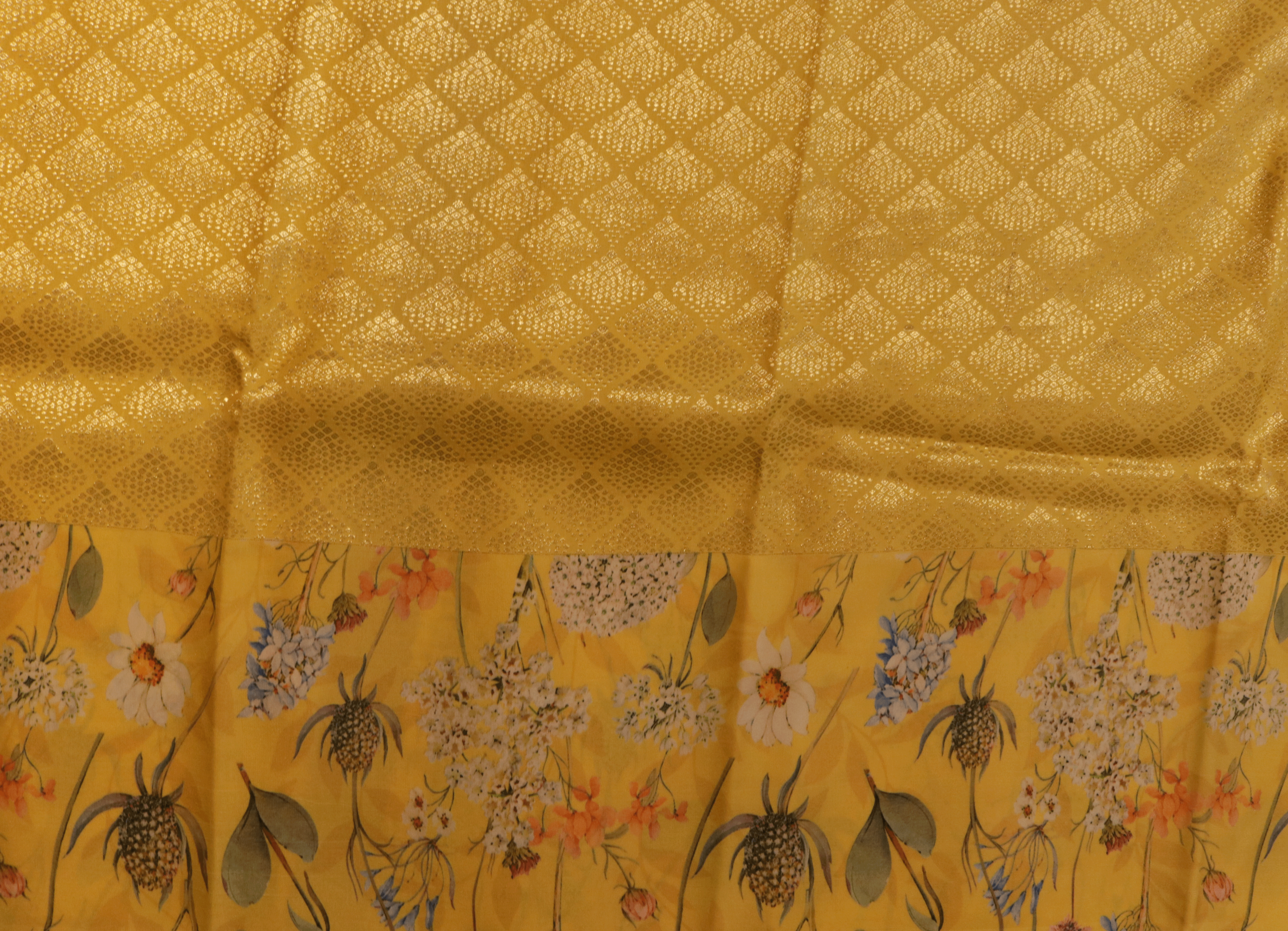 Bright Yellow Printed Satin Silk Saree Mokshaa