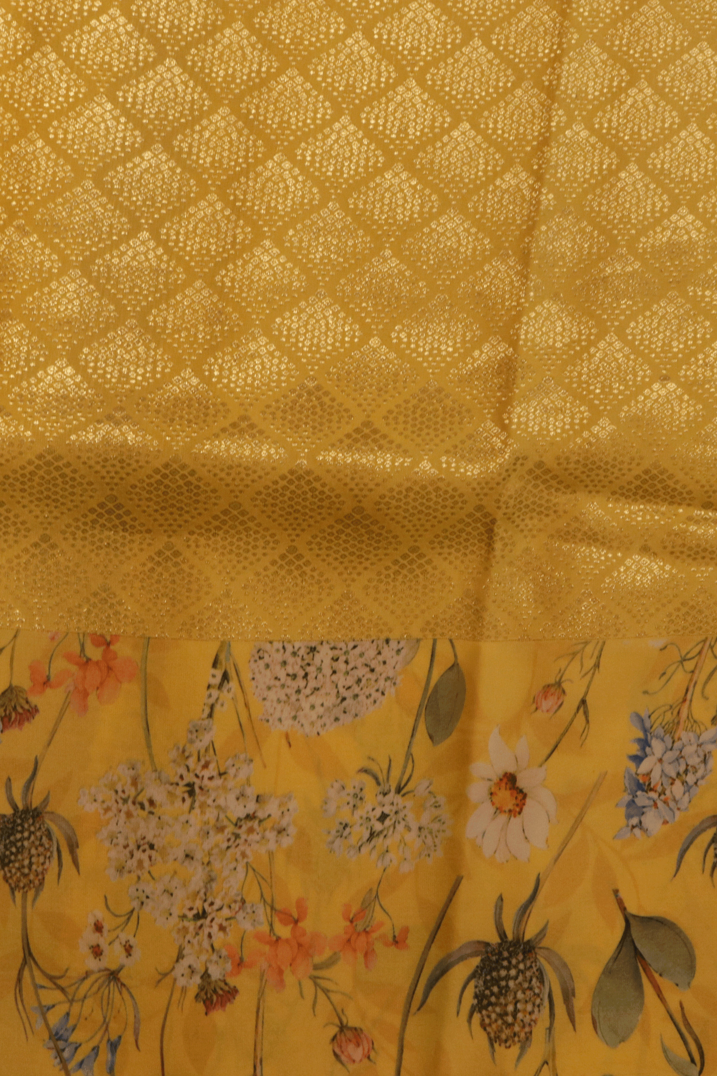 Bright Yellow Printed Satin Silk Saree  Mokshaa