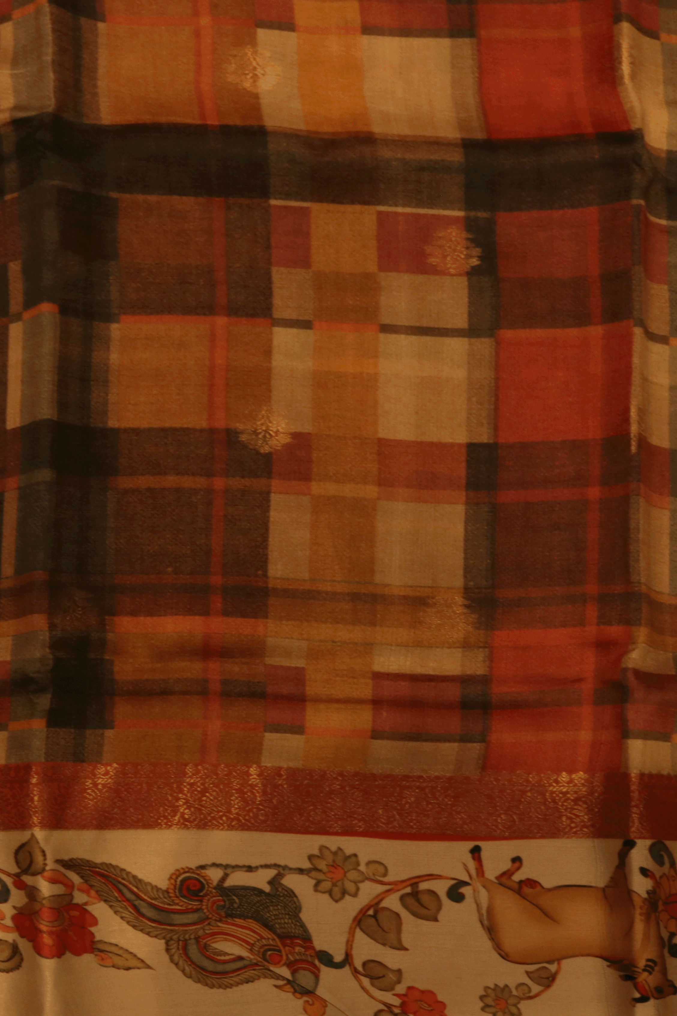 Multicoloured Checked Saree With Kalamkari Animal Border Mokshaa