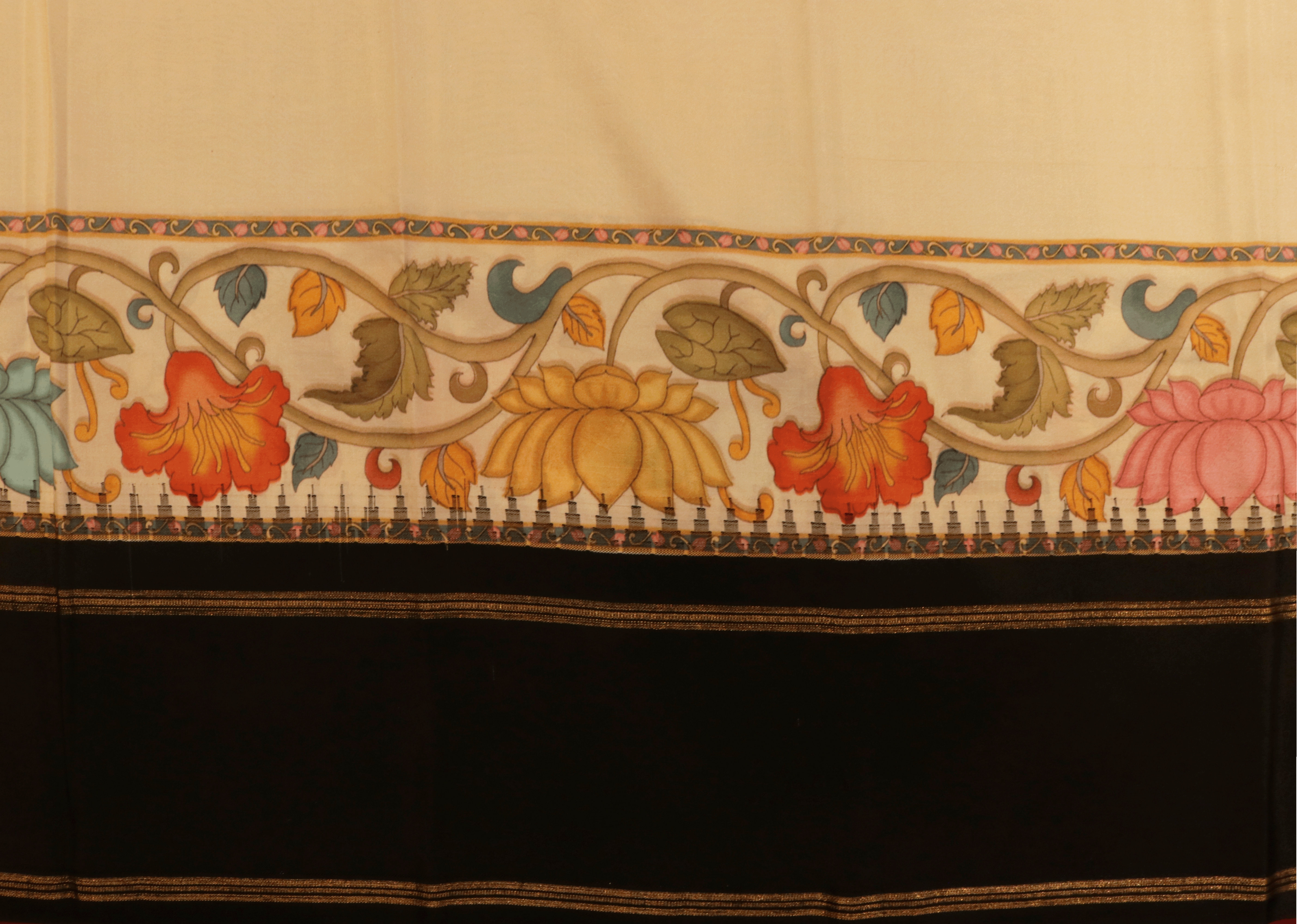 Off White Kanchipuram Silk Saree With Hand-Painted Floral Borders Mokshaa